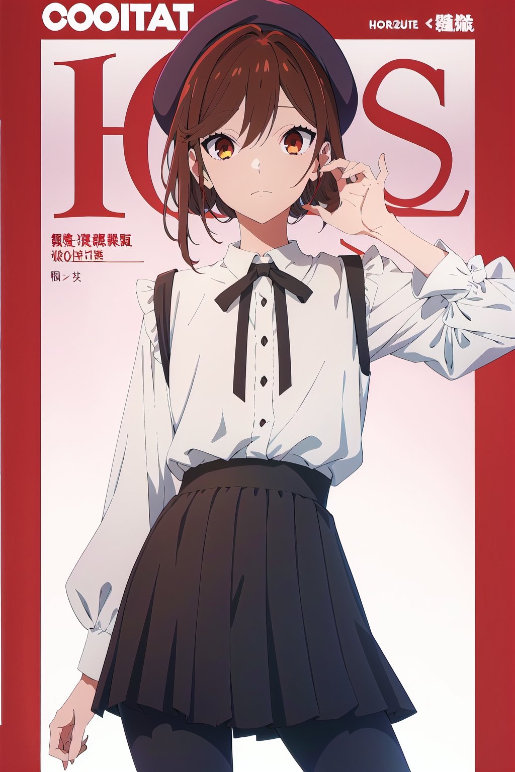 coquette aesthetic,horimiya_hori,1girl,20 years old,brown eyes,magazine cover,modeling pose, standing,foreground,pov_eye_contact,long blouse,puffed sleeves,beret, high waist skirt,leggings, make-up, dominant,eye shading