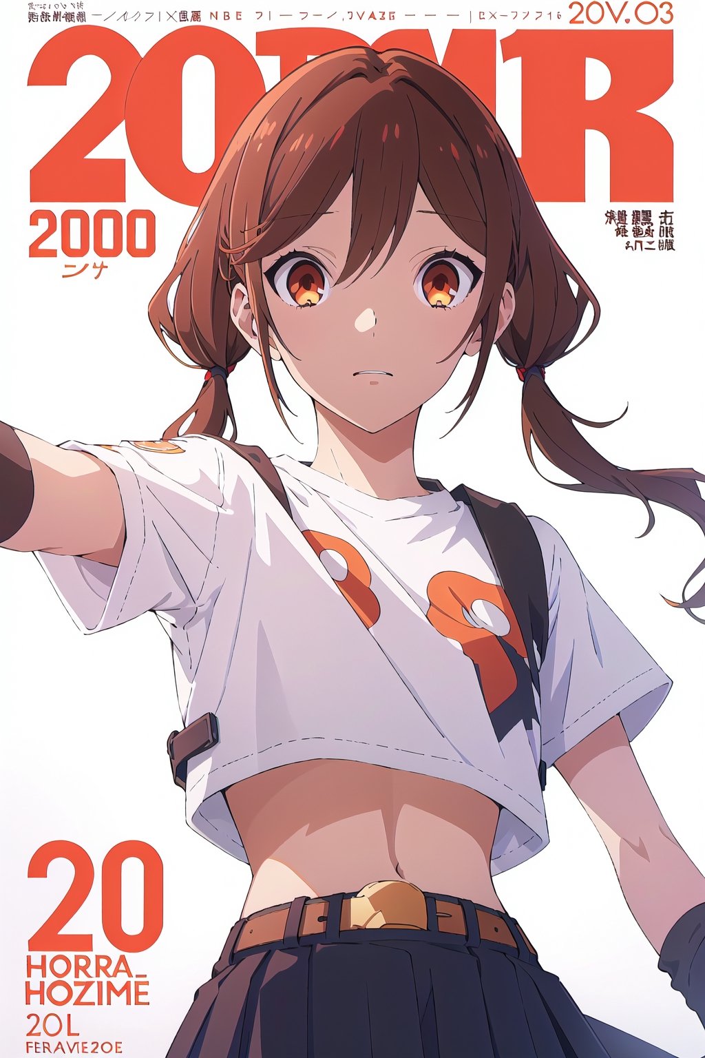 2000s fashion,horimiya_hori,1girl,20 years old,brown eyes,magazine cover,modeling pose, standing,foreground,dominant,pov_eye_contact,arm warmers, high waist skirt, big belt, crop top, twin_tails, white background