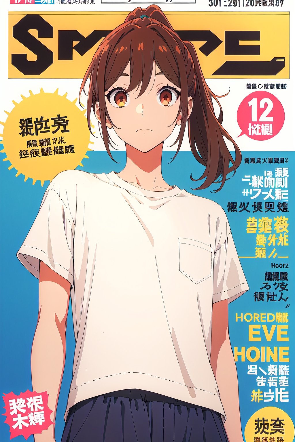 horimiya_hori, brown eyes,ponytail,sport blouse tucked into pant, vintage elegant pant,magazine cover, 