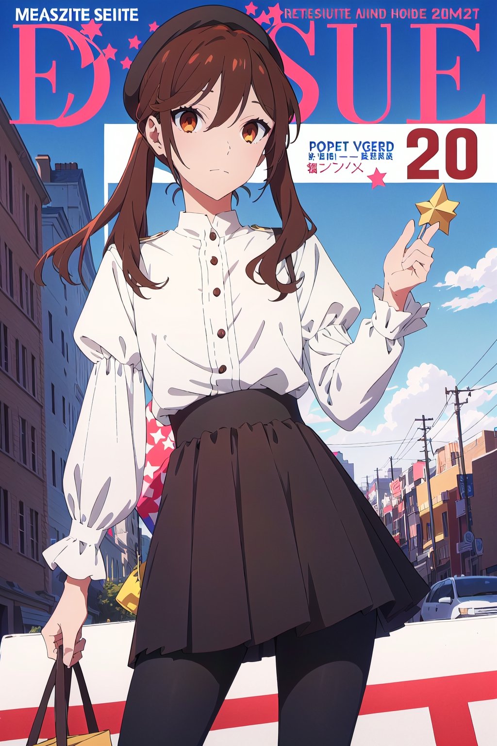 coquette aesthetic,horimiya_hori,1girl,20 years old,brown eyes,magazine cover,modeling pose, standing,foreground,pov_eye_contact,long blouse,puffed sleeves,beret, high waist skirt,leggings, make-up, dominant,eye shading,wrapped in a flag