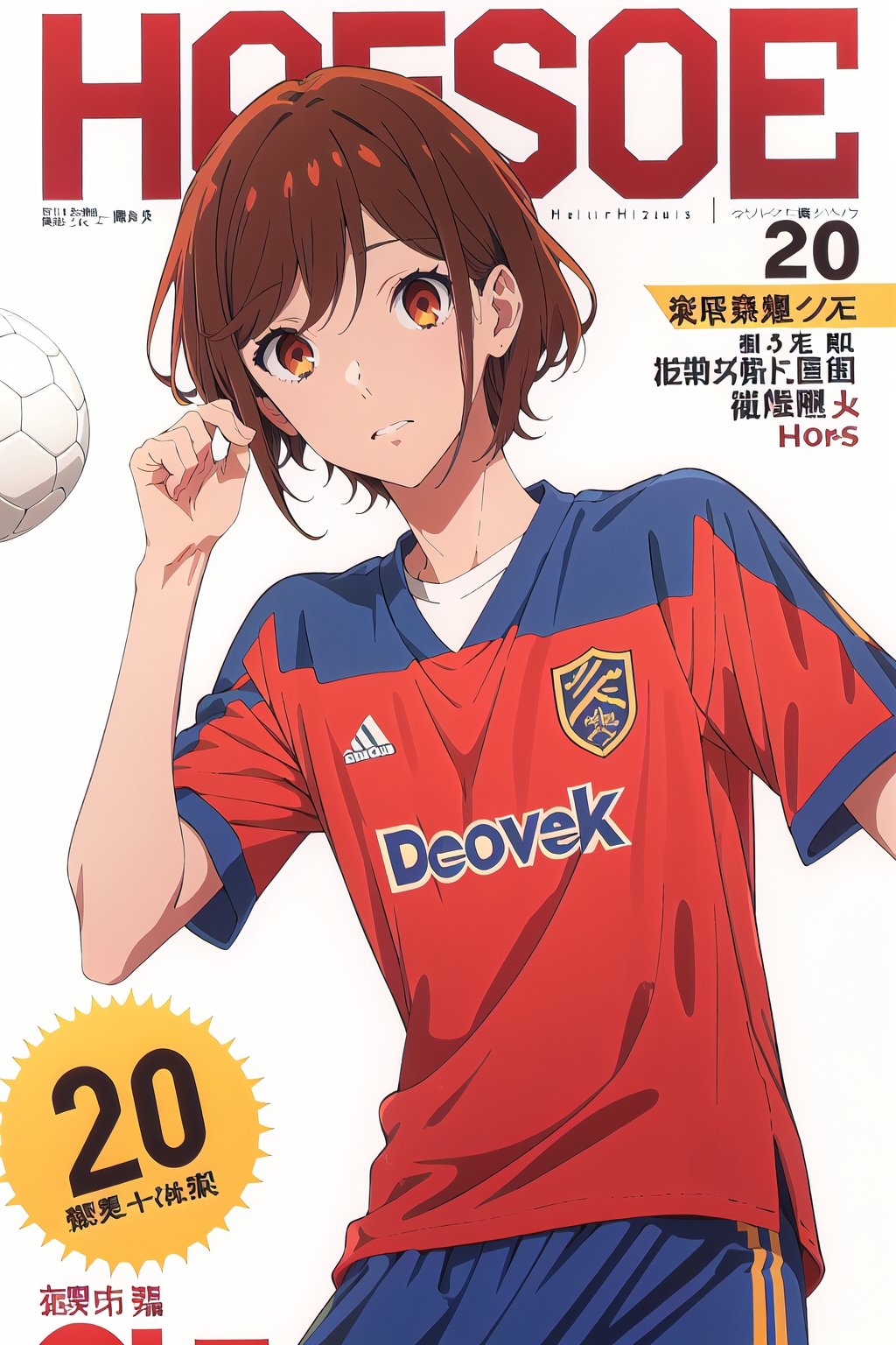 horimiya_hori,1girl ,brown eyes,30 years old,
vintage haircut,magazine cover,modeling pose, foreground,soccer uniform