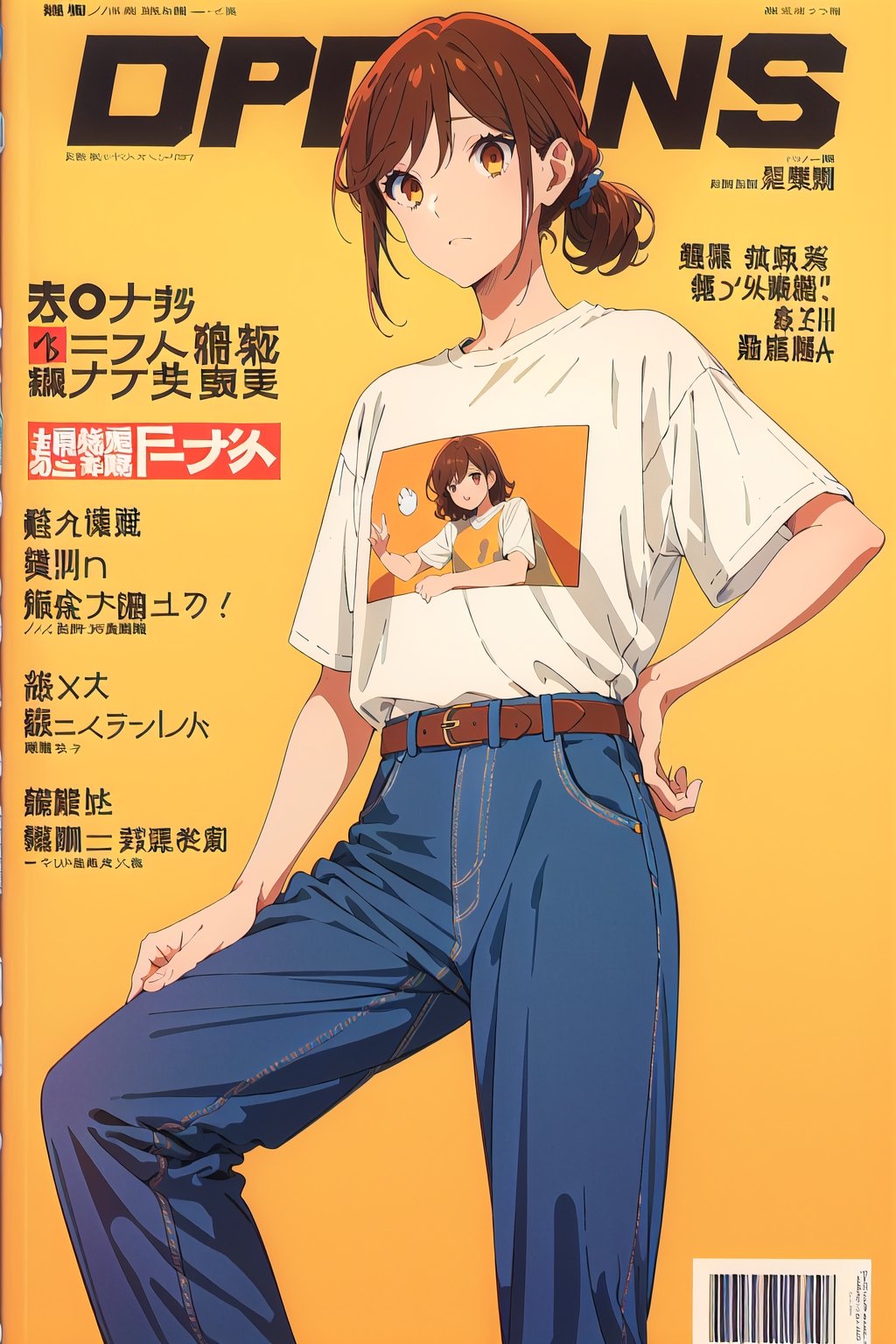 1girl,horimiya_hori, brown eyes,
vintage hairstyle,magazine cover,sport 
fitted t-shirt tucked into pant, vintage elegant pant, big belt