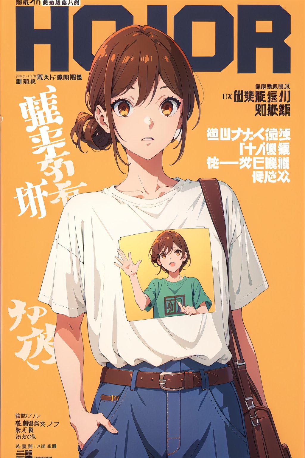 1girl,horimiya_hori, brown eyes,
vintage hairstyle,magazine cover,sport 
oversized t-shirt tucked into pant, vintage elegant pant, big belt,