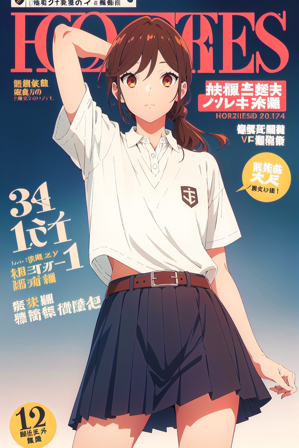 1girl,horimiya_hori, brown eyes,
vintage long hairstyle,magazine cover,sport 
oversized polo shirt tucked into skirt, vintage elegant skirt, big belt,short v neck, body leaning back,modeling pose
