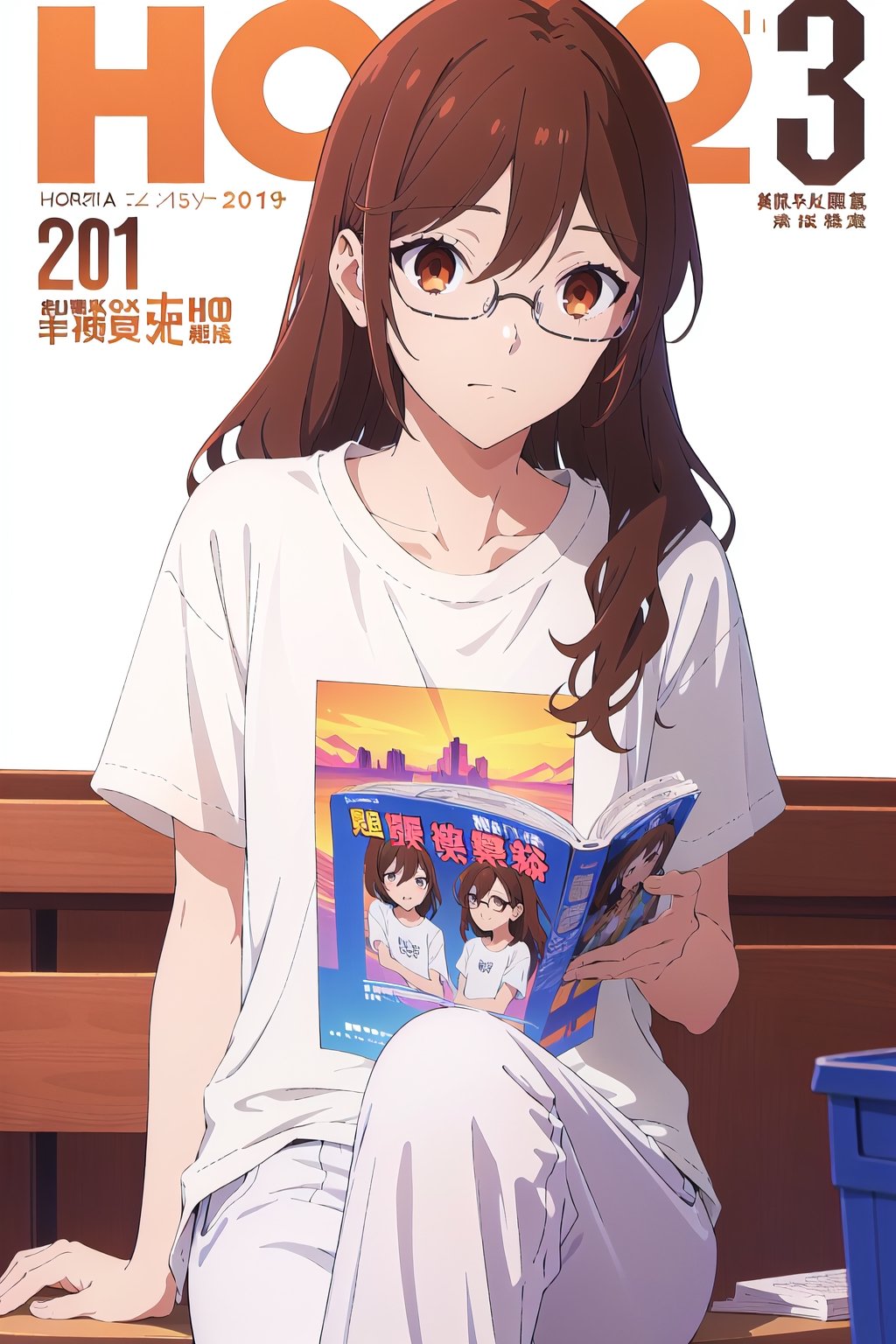 horimiya_hori,1girl,20 years old,brown eyes,magazine cover,modeling pose, standing,foreground,dominant,pov_eye_contact,white background,sitting, studying,sports t-shirt,pijama pants, glasses