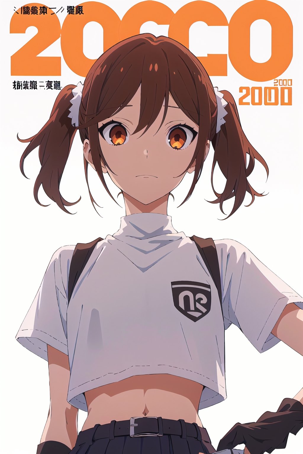 2000s fashion,horimiya_hori,1girl,20 years old,brown eyes,magazine cover,modeling pose, standing,foreground,dominant,pov_eye_contact,arm warmers, high waist skirt, big belt, crop top, twin_tails, white background, front view