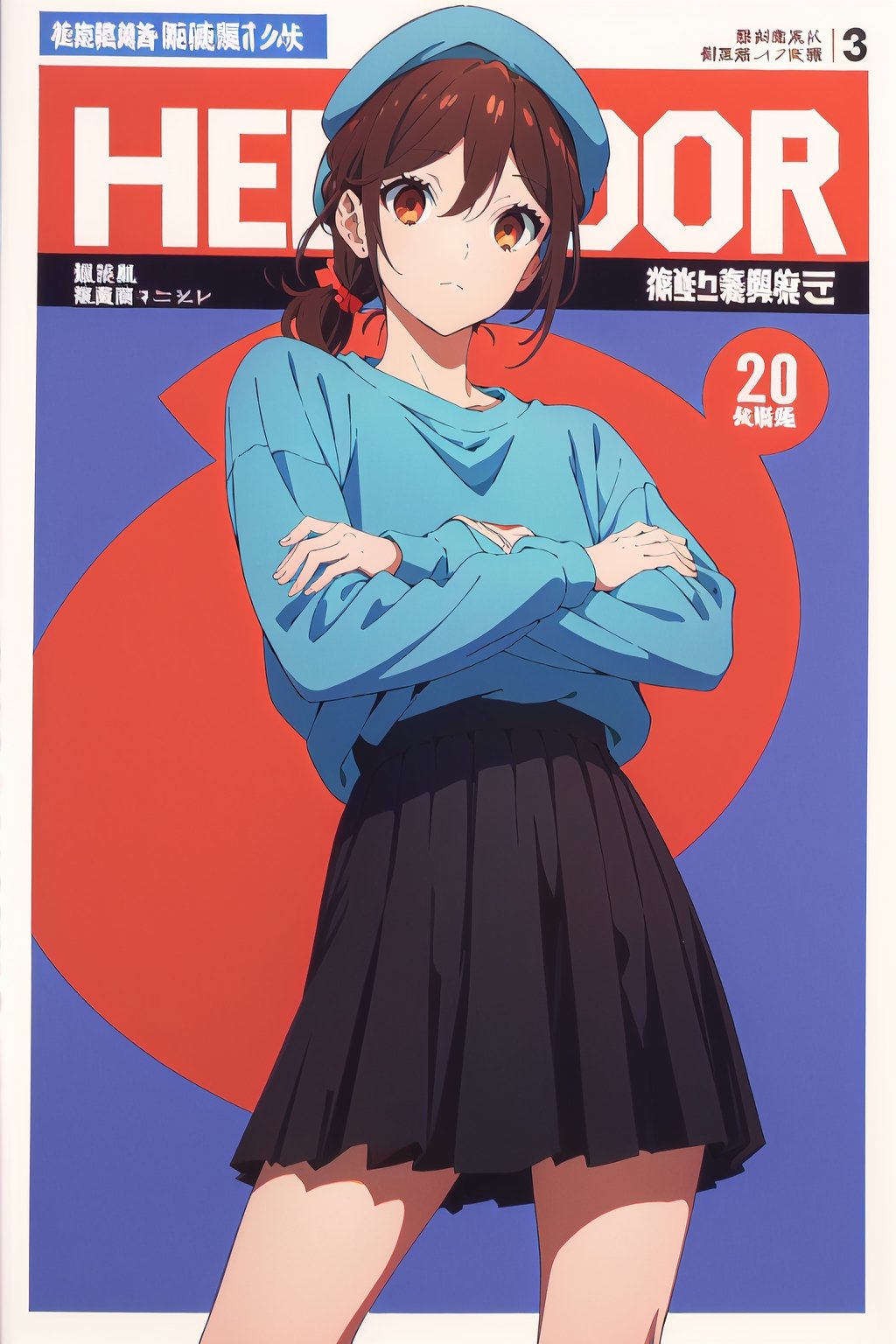 retro aesthetic,horimiya_hori,1girl,20 years old,brown eyes,magazine cover,modeling pose, standing,foreground,pov_eye_contact,sweatshirt,beret, high waist skirt,