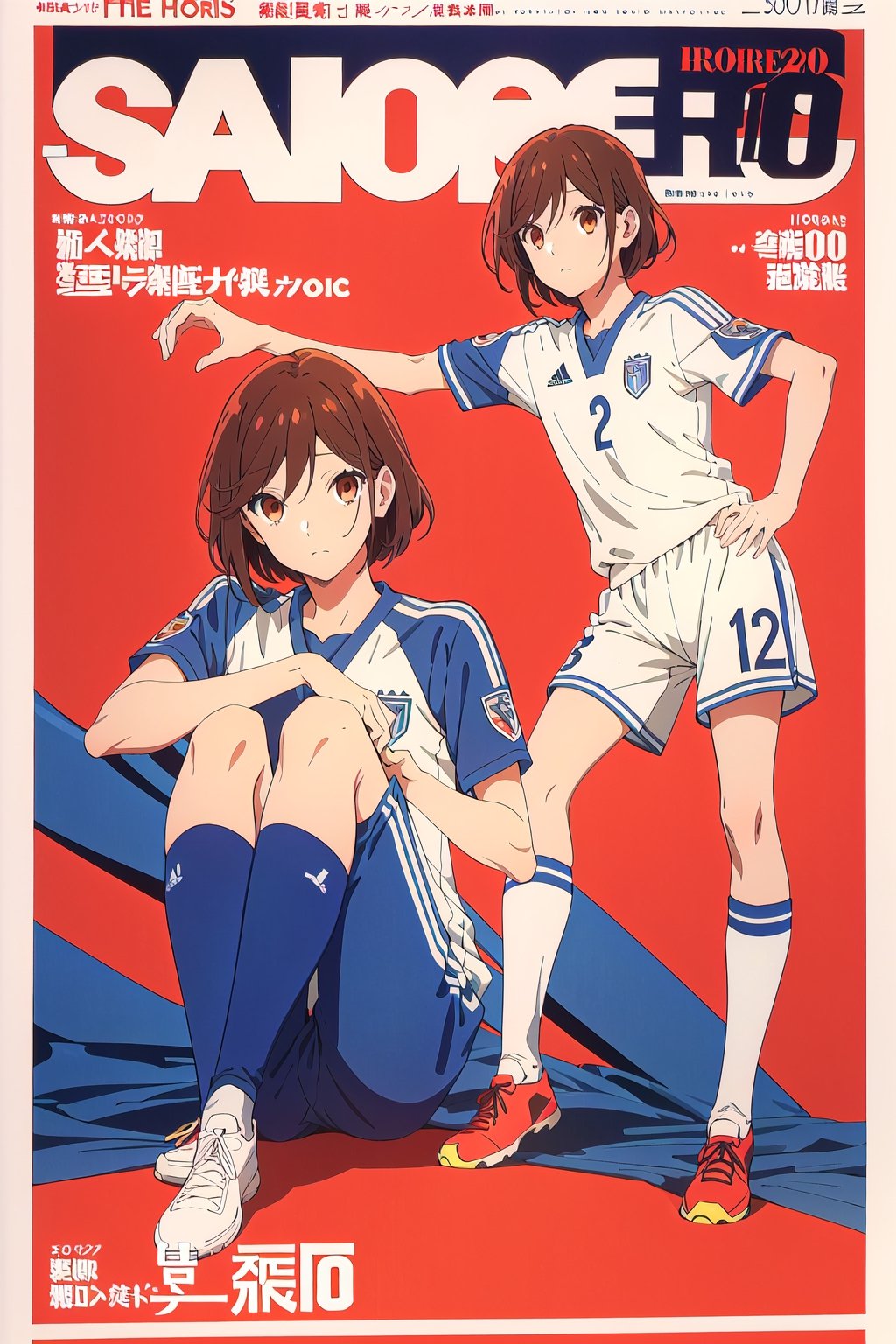 horimiya_hori,1girl ,brown eyes,30 years old,
vintage haircut,magazine cover,modeling pose, foreground,soccer uniform,full_body