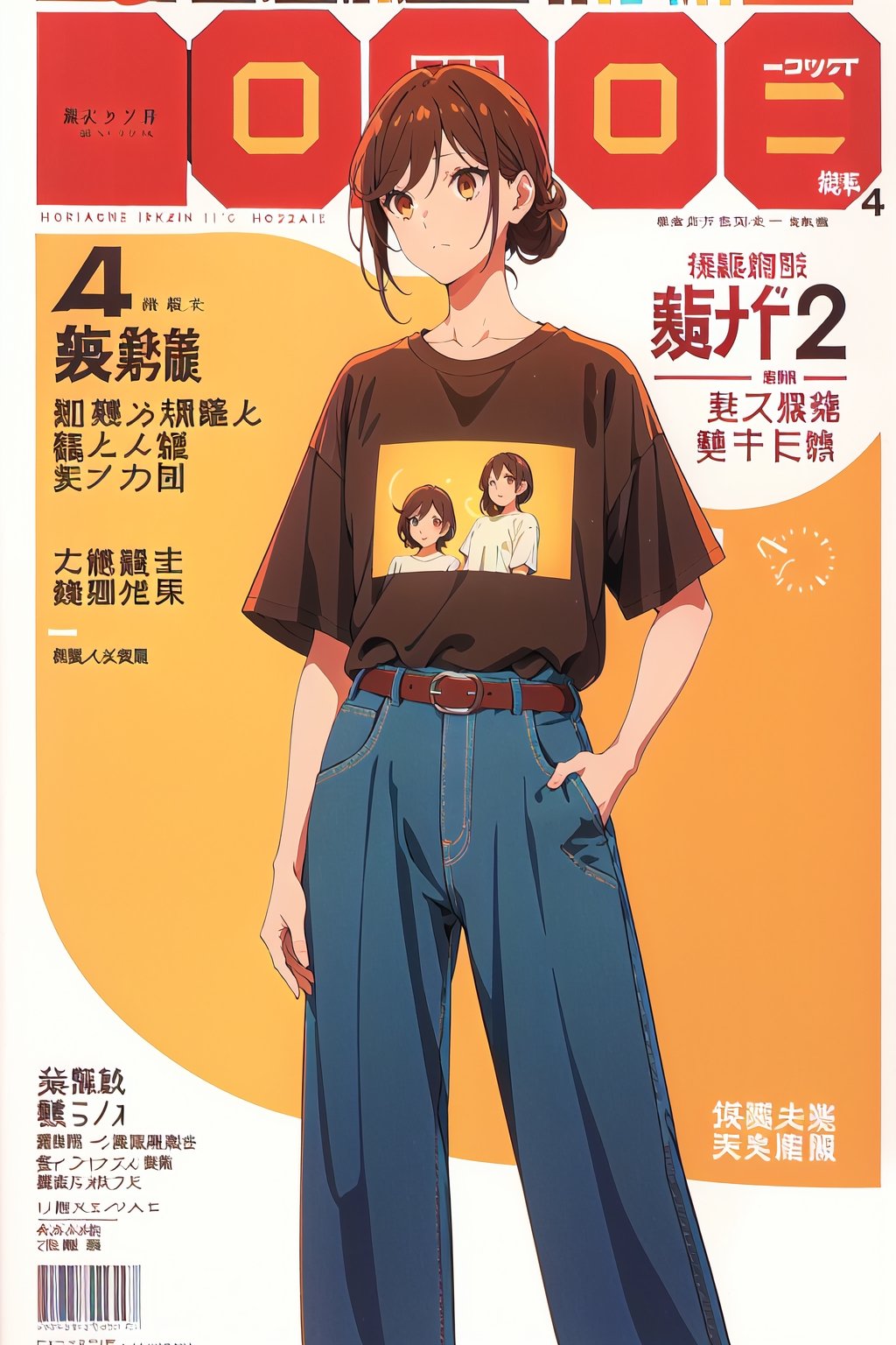 1girl,horimiya_hori, brown eyes,
vintage hairstyle,magazine cover,sport 
oversized t-shirt tucked into pant, vintage elegant pant, big belt