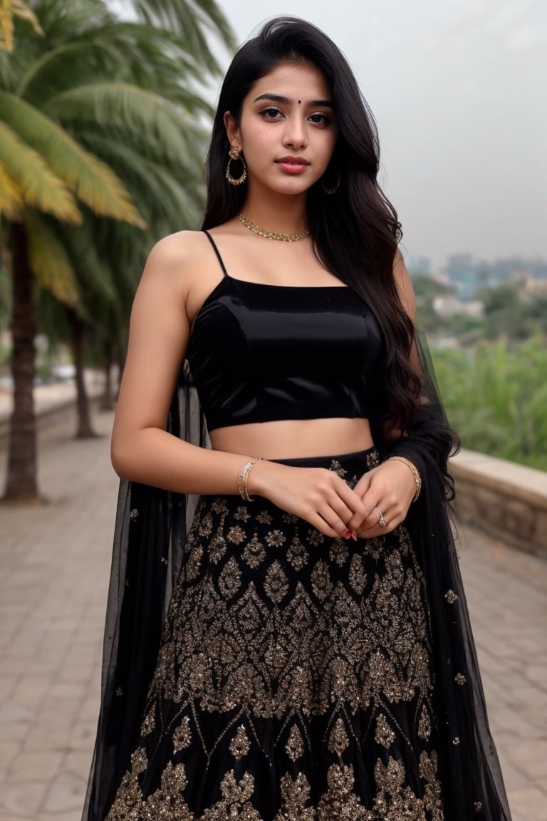 full body, pakistani girl , Instagram influencer , black long hair, glossy juicy lips, cute 18 years old girl, portrait, 1girl, retroartstyle, Character, full body, in lehenga,