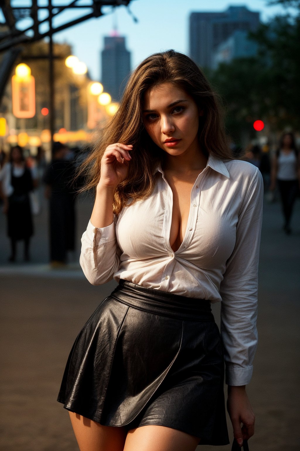 A stunning, model-like young woman with a perfect face, beautiful and ideally slim, possessing a large bust. She has a stylish haircut, with hair color to be decided by the artist. She is wearing an unbuttoned shirt and a short black skirt. The background should be dynamic and vibrant. The image should capture intricate details such as the texture of the fabric of her shirt, the glossiness of her hair, the curve of her waist, and the expression in her eyes. The lighting should highlight her features, with shadows playing across her form to give depth and realism. The scene should feel alive and energetic, perhaps with elements like city lights, bustling streets, or a lively park.