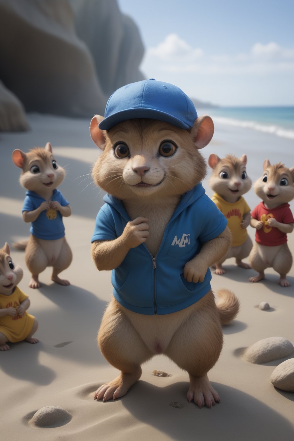 hamster,cel shading,The Chipmunks,musical,blue, on beach