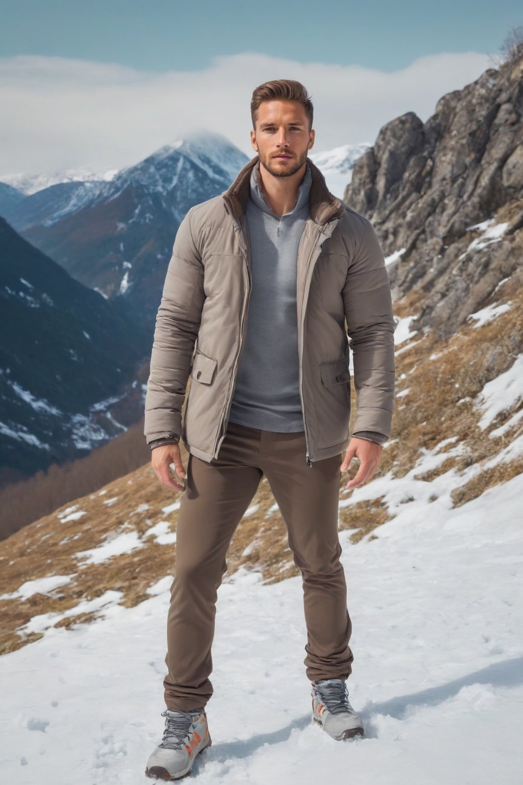 Imagine the following scene.

A handsome man standing on snow mountain.

The man has his legs open and his hands extended upwards.

His gaze lowers, looking at the floor.

The man is from Romania, muscular, 25yo. Very light brown hair, with golden highlights.

Wear sports shorts, sports shoes, and a sports jacket.

The shot is full body. best quality, 8K, high resolution, masterpiece, HD, perfect proportions, perfect hands.