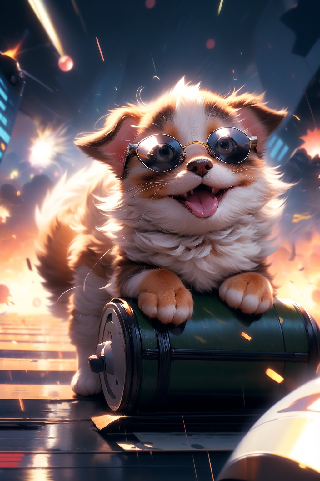 anime, masterpiece, best quality, absurdres, highres, ultra detailed, dog on a plane, plane in a motion, (motion blur, motion lines:1.4), (kawaii:1.3), (anime:1.4), cute, round eyes, dog wears sunglasses and a military cap, forest, (explosion:1.2),dog