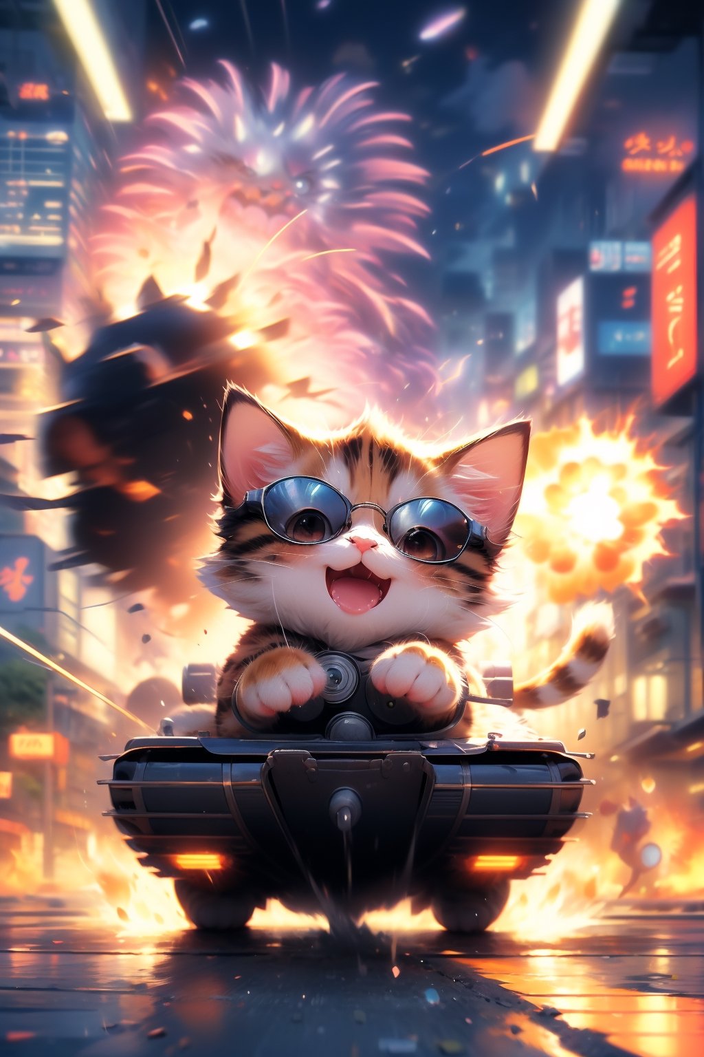 anime, masterpiece, best quality, absurdres, highres, ultra detailed, cat on a tank, tank in a motion, (motion blur, motion lines:1.4), (kawaii:1.3), (anime:1.4), cute, round eyes, cat wears sunglasses and a military cap, city, (explosion:1.2),cat