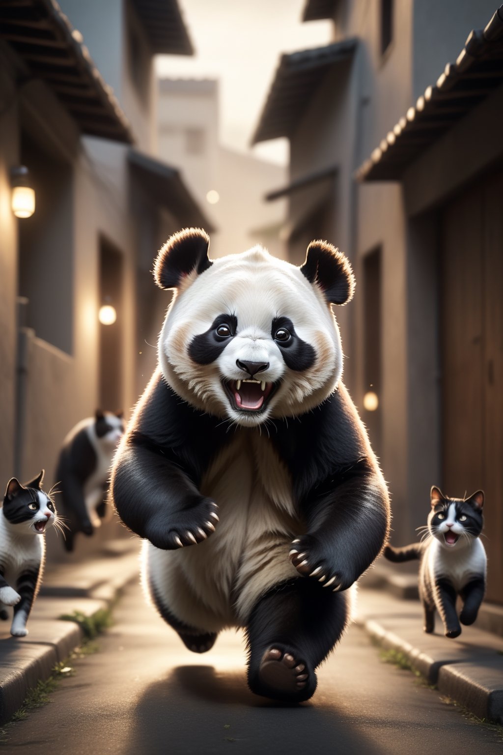 panda, running through alley chasing by lot of cats, (cat yawing), while laughing, flufy body, high contrast, (natural skin texture, hyperrealism, soft light, sharp),  shabby warepack , silo tech background, low key, top light, dark theme, highly detailed, wide-angle, cinematic still, masterpice
,Movie Still,Film Still,Cinematic,Cinematic Shot,Cinematic Lighting,Extremely Realistic,more detail XL