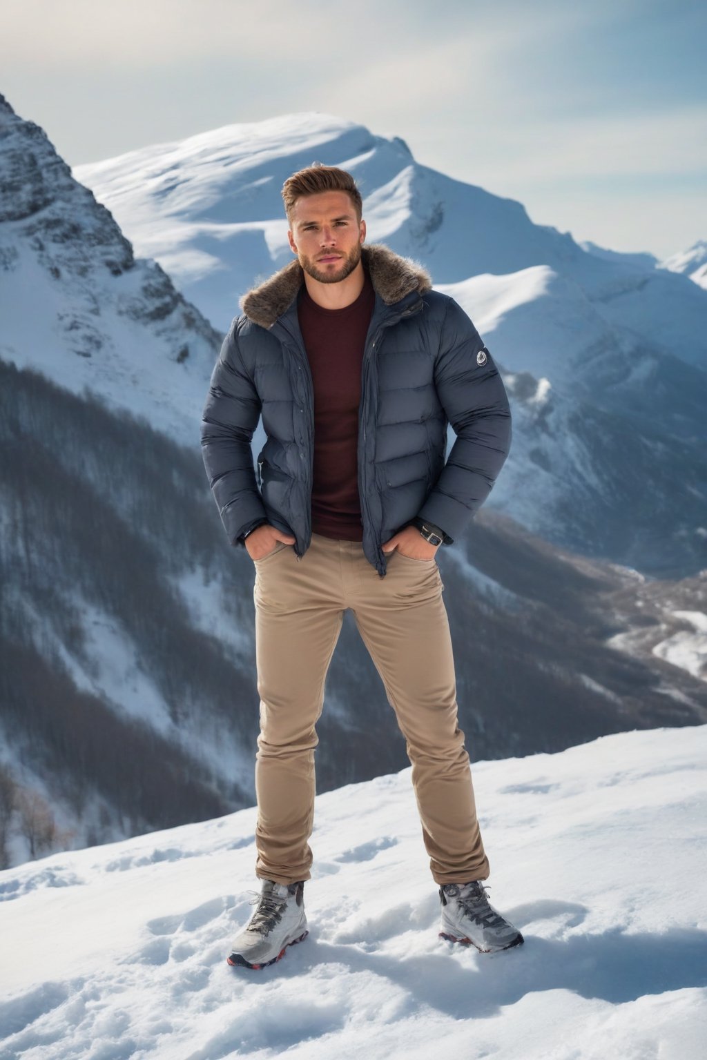 Imagine the following scene.

A handsome man standing on snow mountain.

The man has his legs open and his hands extended upwards.

His gaze lowers, looking at the floor.

The man is from Romania, muscular, 25yo. Very light brown hair, with golden highlights.

Wear sports shorts, sports shoes, and a sports jacket.

The shot is full body. best quality, 8K, high resolution, masterpiece, HD, perfect proportions, perfect hands.