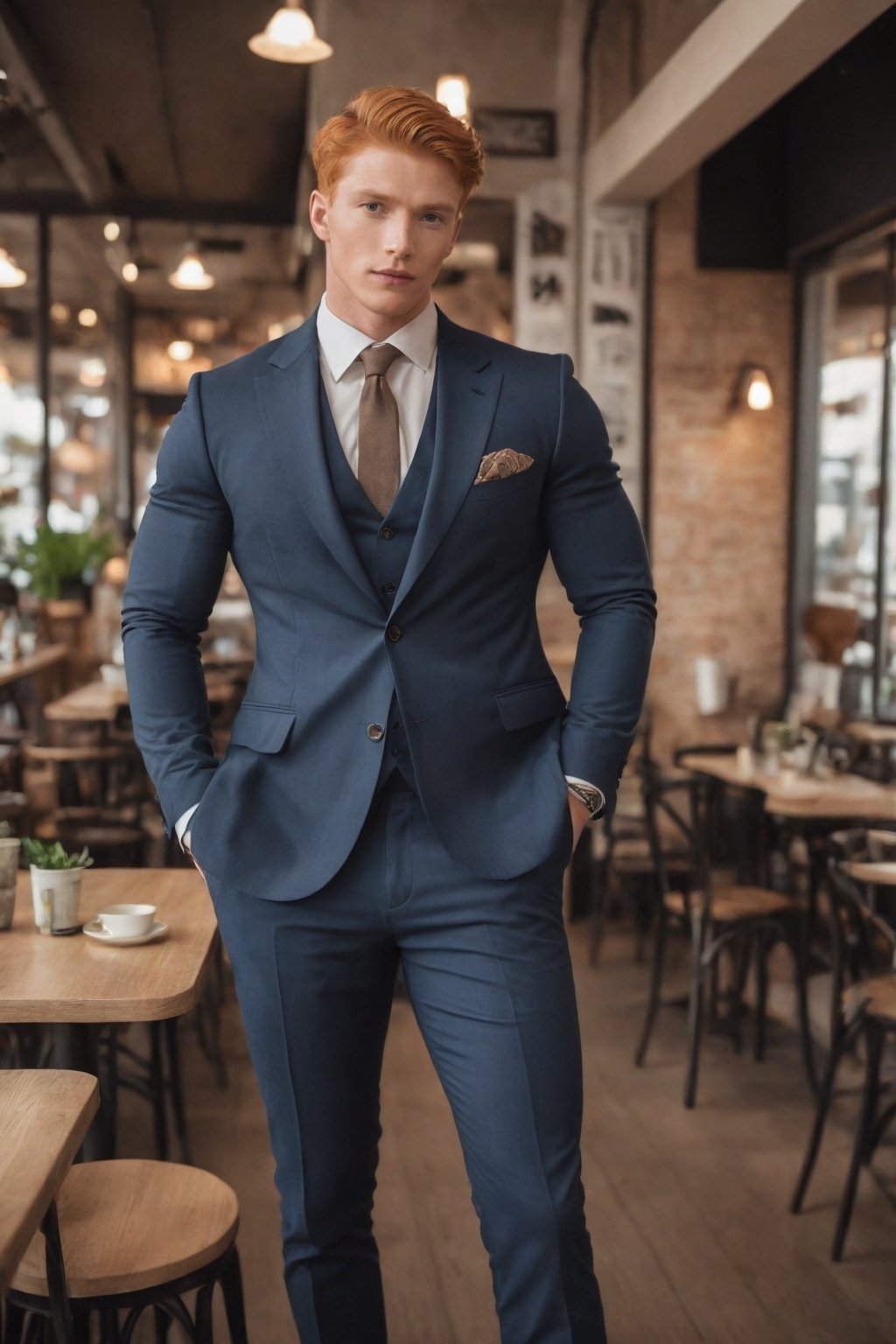 Realistic Photography, Handsome muscular man, cafe, full_body, ginger hair, nice suit
