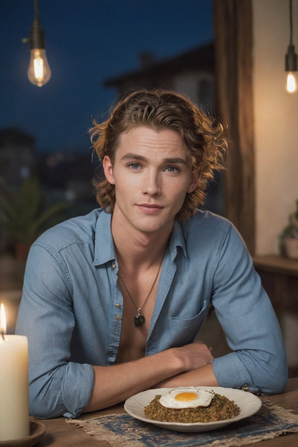 ((European male)), young, ((25 years old)), ((high school boy)), handsome, ((wave hair)), blue eyes, ((jawline)), ((freckle whole body)), ((showing upper body)), open upper chest, bohemian clothes style, bohemian jewelry, full body. in modren home, casual cloth sitting on table, eating, not looking towrods cemara, night time