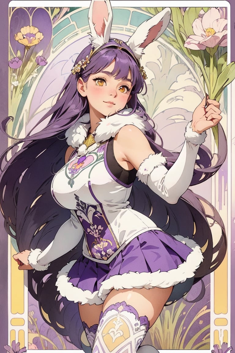 full body photo, (masterpiece, best quality, very detailed, ultra-detailed, intricate), illustration, pastel colors, art nouveau, art nouveau by Alphonse Mucha, tarot cards, (human, furry, beast), rabbit, rabbit tail, human face, (beautiful and detailed eyes), 1other, plump breasts, ((purple hair)), (yellow eyes), harem outfit, scarf, (((purple gray and white fur, Dutch rabbit fur pattern))), anime style kawaii, watercolor, solid color background, lantern, wire, brightly colored and cheerful cheerleading girl wearing cheerleading uniform, miniskirt, holding huge pom poms, cheering enthusiastically, encouraging morale and create a lively atmosphere.  Cheerful girl in cheerleading uniform, cheering and cheering up with huge pompoms, underboob, huge boobs, wearing pink bow hair accessory, Mizuki_Lin, perfect light,long hair