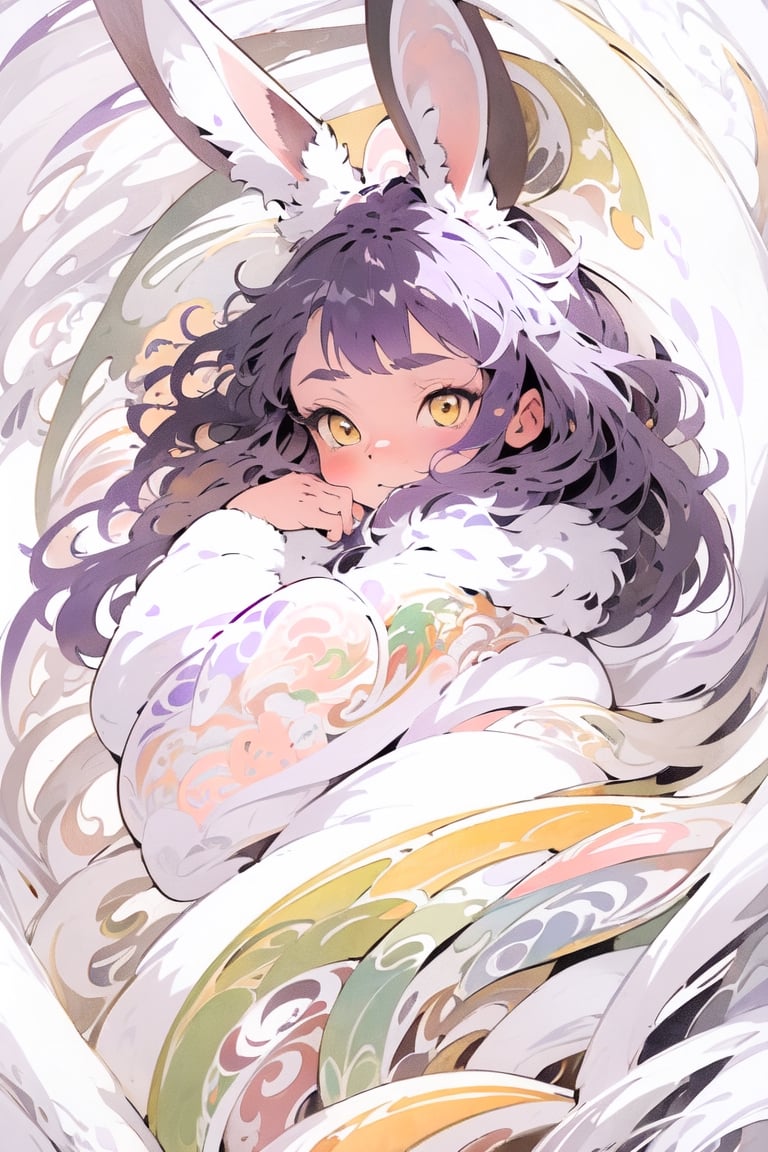 (Masterpiece, best quality, very detailed, ultra-detailed, complex), illustration, pastel colors, Art Nouveau, Art Nouveau by Alphonse Mucha, tarot cards, (human, hairy, kemono) , rabbit, rabbit tail, human face, (beautiful detailed eyes), 1other, plump breasts, ((purple hair)), (yellow eyes), harem outfit, scarf, (((purple gray and white fur, Dutch rabbit fur Pattern))), anime style, kawaii, watercolor, solid background, lantern, wire, bright colors,pastel colors,Last,dragonbaby