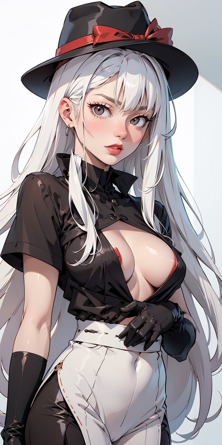 black hat, white hair, long hair, ((white eyes)), red lipstick, black shirt, red bow on chest, black gloves, white eyes,PHbtt90s_style