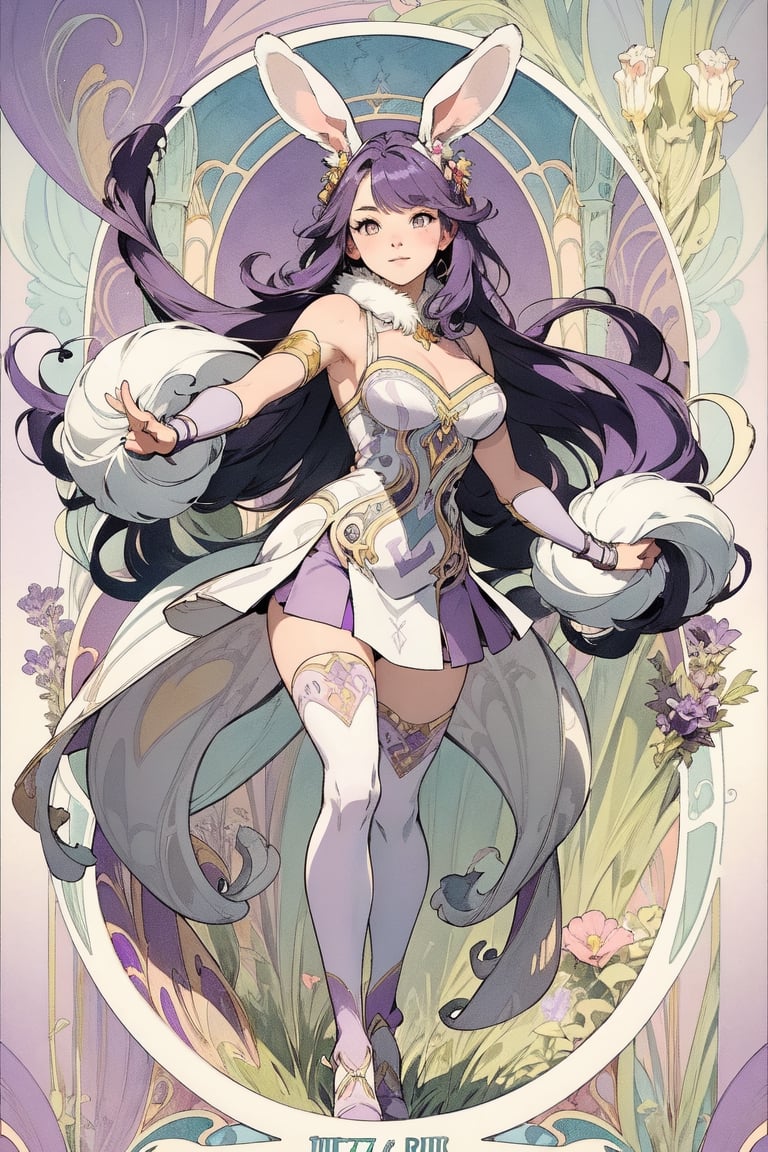 full body photo, (masterpiece, best quality, very detailed, ultra-detailed, intricate), illustration, pastel colors, art nouveau, art nouveau by Alphonse Mucha, tarot cards, (human, furry, beast), rabbit, rabbit tail, human face, (beautiful and detailed eyes), 1other, plump breasts, ((purple hair)), (yellow eyes), harem outfit, scarf, (((purple gray and white fur, Dutch rabbit fur pattern))), anime style kawaii, watercolor, solid color background, lantern, wire, brightly colored and cheerful cheerleading girl wearing cheerleading uniform, miniskirt, holding huge pom poms, cheering enthusiastically, encouraging morale and create a lively atmosphere.  Cheerful girl in cheerleading uniform, cheering and cheering up with huge pompoms, underboob, huge boobs, wearing pink bow hair accessory, Mizuki_Lin, perfect light,long hair