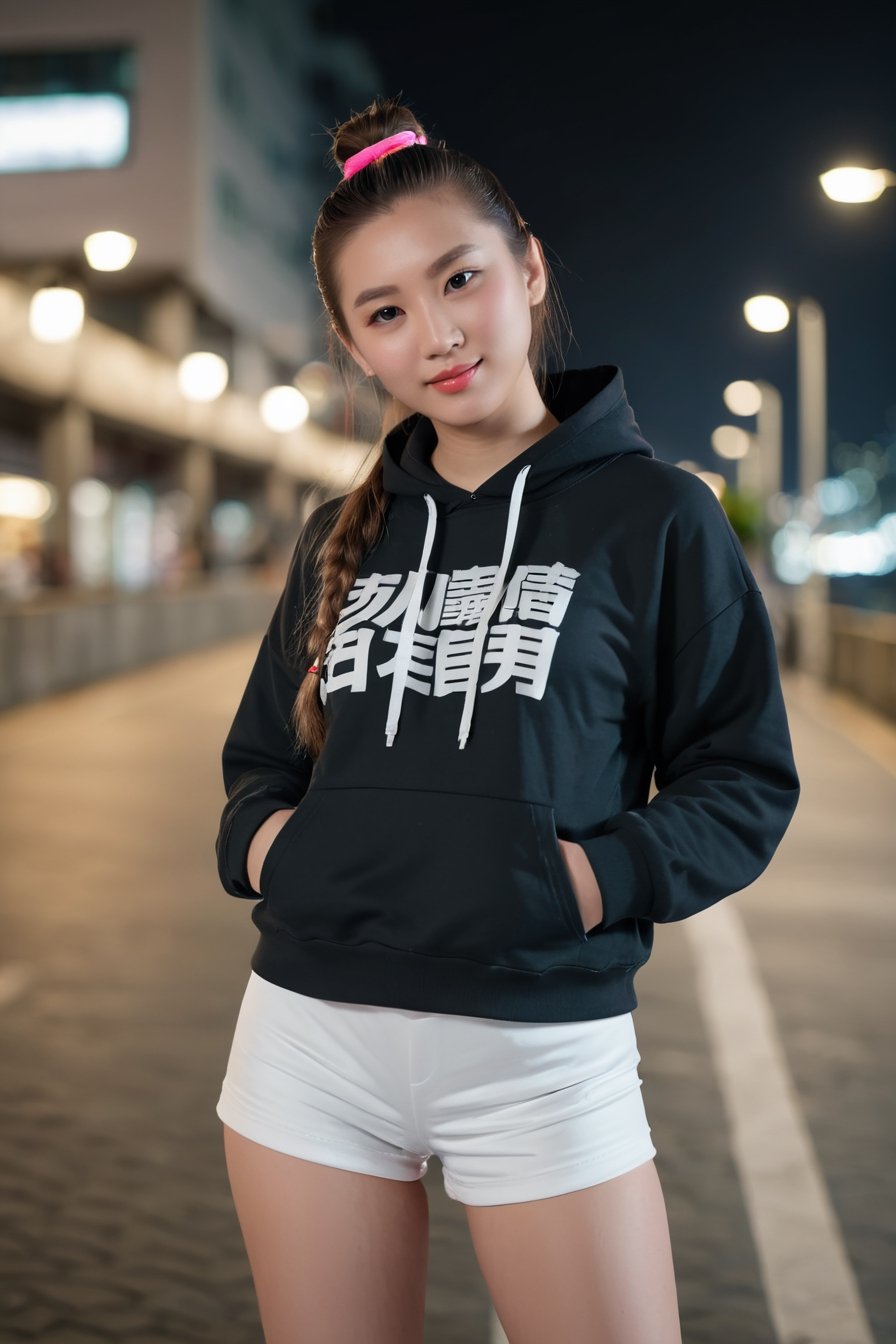 (RAW photo, best quality),(realistic),photo, masterpiece, 1girl,  ponytail, looking at viewer, hoodies, jacket, shorts, at night outdoor, harbor, street, full body, (light smile:0.7),blush, medium shot,photorealistic,chinese girl,Street photography, long lens, night, Hong Kong streets, dark style, Chinese girl, movie style, 35mm photography, sexy, long hair, delicate face, soft facial features, Leica style, real character feeling,Rave Metallic Booty Shorts