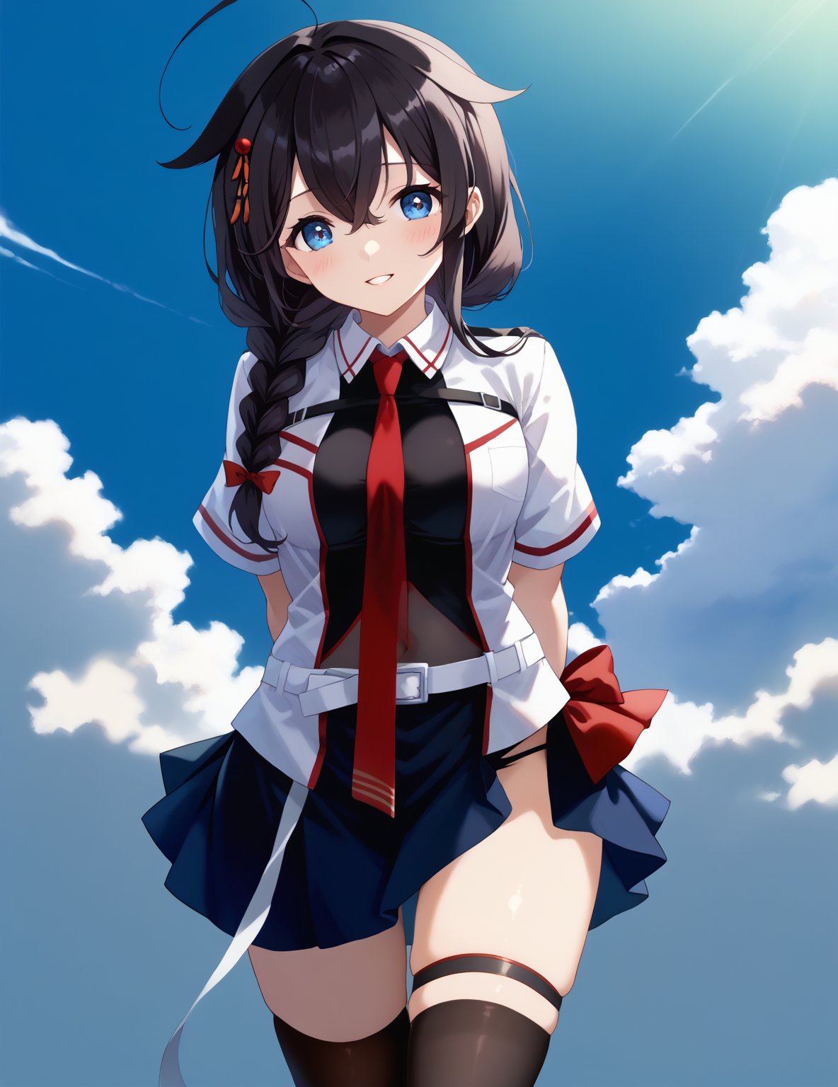 score_9,score_8_up,score_7_up,source_anime,1girl, shigure kancolle, (shigurekaisanKC), A detailed depiction of shigurekaisan from Kantai Collection in a playful, {{{masterpiece}}}, {{best quality}}, {{super fine illustration}}, {{beautiful and delicate water}}, {{beautiful and detailed eyes}, {very detailed light}, {perfect and delicate limbs}, {nature}, {painting}, {delicate glow}, {{very fine 8KCG wallpaper}}, soft color contrast, (high quality:1.1), Depict a young anime girl with long black hair styled with a single braid and ahoge, wearing a black bikini inspired by her naval uniform. The bikini top is designed with a two-tone color scheme, featuring a red necktie in the center and white accents resembling her original uniform. She wears matching black bikini bottoms with a semi-transparent black sarong (pareo) tied loosely around her waist, flowing in the wind. Black thigh-high stockings with subtle detailing and black fingerless gloves complete her look, along with her signature white belt. Her hair falls over her shoulder with hair flaps and a small hair ornament, leaning forward with both hands clasped behind her back, battleship deck background