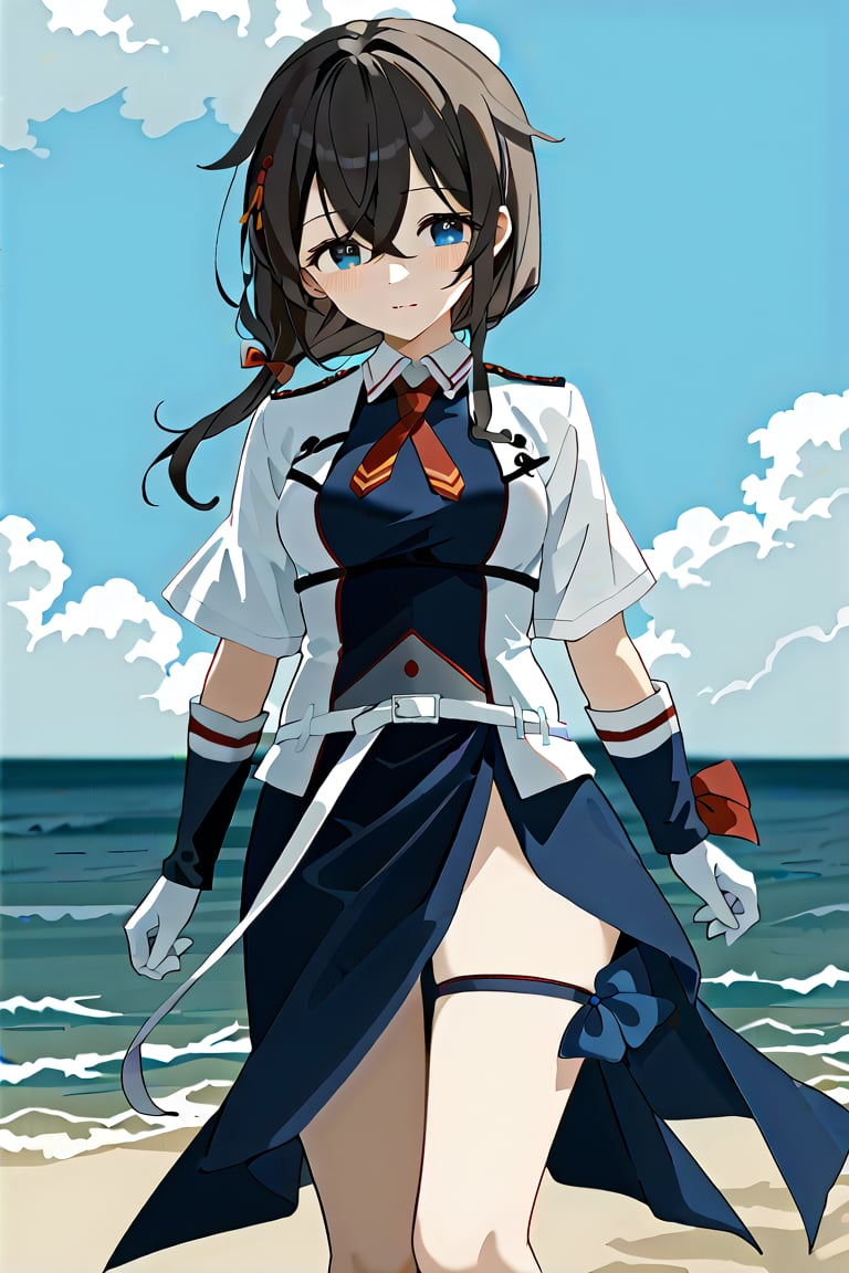 score_9,score_8_up,score_7_up,source_anime,1girl, shigure \(kancolle\), (shigurekaisanKC), A detailed depiction of shigurekaisan from Kantai Collection in a playful,  {{{masterpiece}}}, {{best quality}}, {{super fine illustration}}, {{beautiful and delicate water}}, {{beautiful and detailed eyes}, {very detailed light}, {perfect and delicate limbs}, {nature}, {painting}, {delicate glow}, {{very fine 8KCG wallpaper}}, soft color contrast, (high quality:1.1), Depict a young anime girl with shoulder-length, navy blue hair styled with a soft wave, wearing a bikini that is designed to resemble a naval uniform, black hair, ((sand Beach view background)), The bikini top is dark blue with white trim and red accents, reflecting the style of a Japanese naval uniform, She wears a matching dark blue bikini bottom with a short, semi-transparent navy blue sarong (pareo) tied around her waist, flowing slightly in the wind. Her left leg has a thigh-high stocking, and her right leg wears a knee-high boot with some subtle metallic armor details, inspired by her original uniform