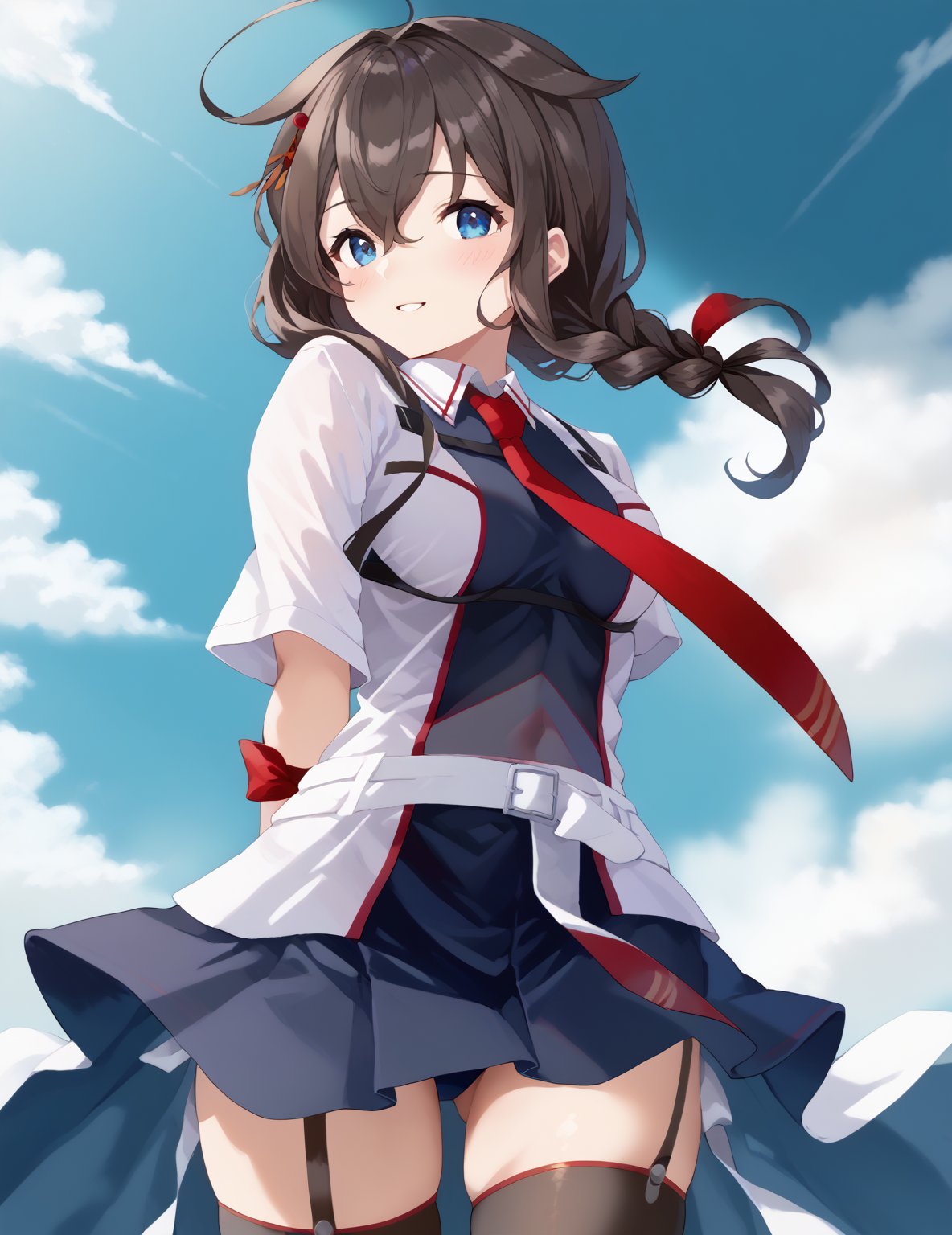 score_9,score_8_up,score_7_up,source_anime,1girl, shigure kancolle, (shigurekaisanKC), A detailed depiction of shigurekaisan from Kantai Collection in a playful, {{{masterpiece}}}, {{best quality}}, {{super fine illustration}}, {{beautiful and delicate water}}, {{beautiful and detailed eyes}, {very detailed light}, {perfect and delicate limbs}, {nature}, {painting}, {delicate glow}, {{very fine 8KCG wallpaper}}, soft color contrast, (high quality:1.1), Depict a young anime girl with long black hair styled with a single braid and ahoge, wearing a black bikini inspired by her naval uniform. The bikini top is designed with a two-tone color scheme, featuring a red necktie in the center and white accents resembling her original uniform. She wears matching black bikini bottoms with a semi-transparent black sarong (pareo) tied loosely around her waist, flowing in the wind. Black thigh-high stockings with subtle detailing and black fingerless gloves complete her look, along with her signature white belt. Her hair falls over her shoulder with hair flaps and a small hair ornament, leaning forward with both hands clasped behind her back, battleship deck background