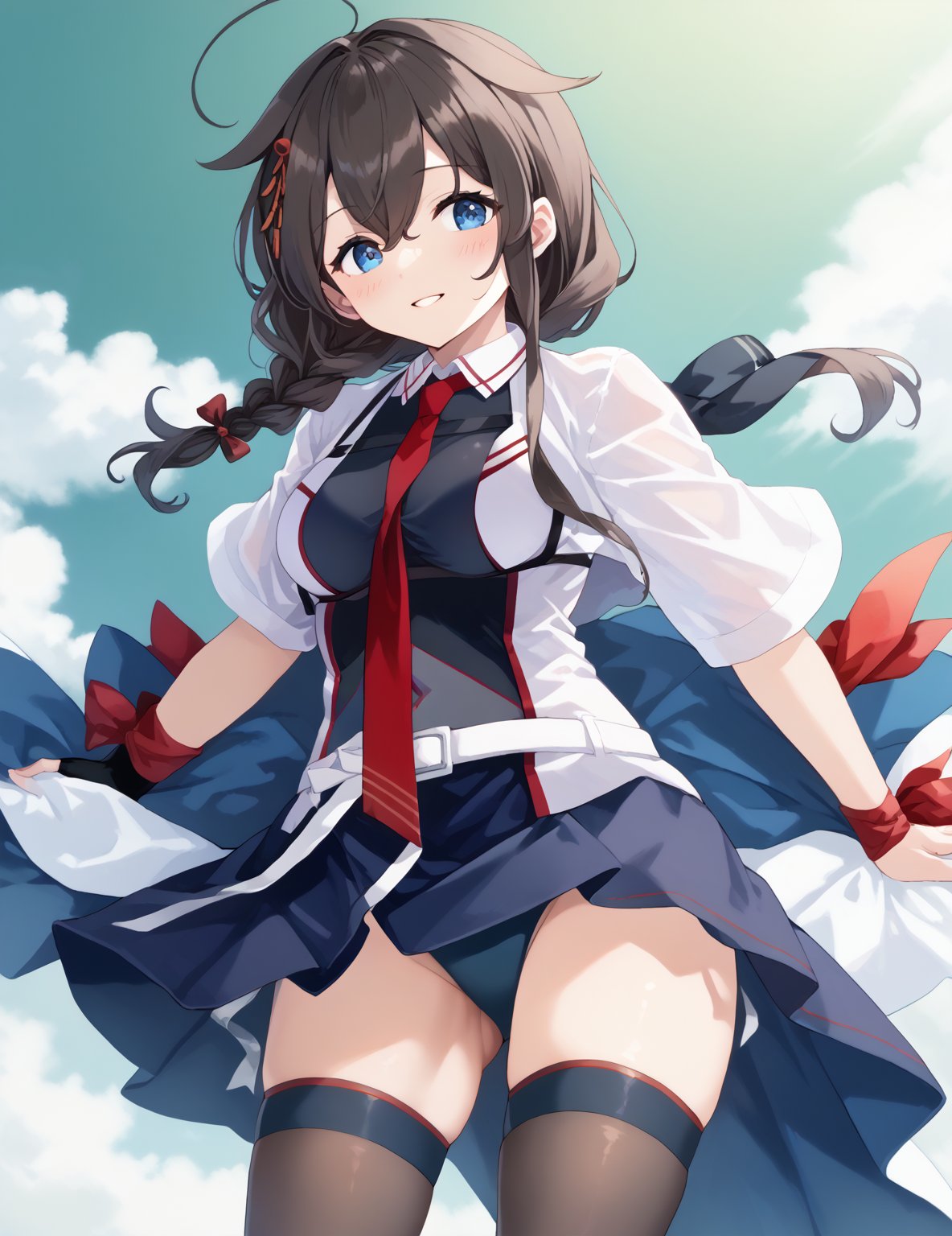 score_9,score_8_up,score_7_up,source_anime,1girl, shigure kancolle, (shigurekaisanKC), A detailed depiction of shigurekaisan from Kantai Collection in a playful, {{{masterpiece}}}, {{best quality}}, {{super fine illustration}}, {{beautiful and delicate water}}, {{beautiful and detailed eyes}, {very detailed light}, {perfect and delicate limbs}, {nature}, {painting}, {delicate glow}, {{very fine 8KCG wallpaper}}, soft color contrast, (high quality:1.1), Depict a young anime girl with long black hair styled with a single braid and ahoge, wearing a black bikini inspired by her naval uniform. The bikini top is designed with a two-tone color scheme, featuring a red necktie in the center and white accents resembling her original uniform. She wears matching black bikini bottoms with a semi-transparent black sarong (pareo) tied loosely around her waist, flowing in the wind. Black thigh-high stockings with subtle detailing and black fingerless gloves complete her look, along with her signature white belt. Her hair falls over her shoulder with hair flaps and a small hair ornament