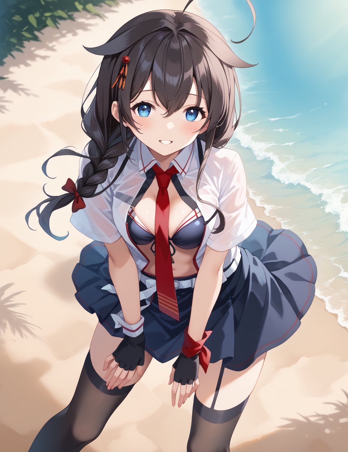 score_9,score_8_up,score_7_up,source_anime,1girl, shigure kancolle, (shigurekaisanKC), A detailed depiction of shigurekaisan from Kantai Collection in a playful, {{{masterpiece}}}, {{best quality}}, {{super fine illustration}}, {{beautiful and delicate water}}, {{beautiful and detailed eyes}, {very detailed light}, {perfect and delicate limbs}, {nature}, {painting}, {delicate glow}, {{very fine 8KCG wallpaper}}, soft color contrast, (high quality:1.1), Depict a young anime girl with long black hair styled with a single braid and ahoge, wearing a black bikini inspired by her naval uniform. The bikini top is designed with a two-tone color scheme, featuring a red necktie in the center and white accents resembling her original uniform. She wears matching black bikini bottoms with a semi-transparent black sarong (pareo) tied loosely around her waist, flowing in the wind. Black thigh-high stockings with subtle detailing and black fingerless gloves complete her look, along with her signature white belt. Her hair falls over her shoulder with hair flaps and a small hair ornament, leaning forward with both hands clasped behind her back, sand beach background