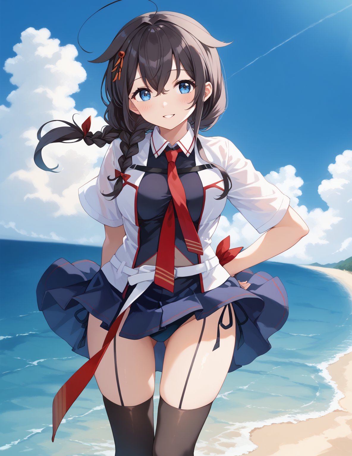 score_9,score_8_up,score_7_up,source_anime,1girl, shigure kancolle, (shigurekaisanKC), A detailed depiction of shigurekaisan from Kantai Collection in a playful, {{{masterpiece}}}, {{best quality}}, {{super fine illustration}}, {{beautiful and delicate water}}, {{beautiful and detailed eyes}, {very detailed light}, {perfect and delicate limbs}, {nature}, {painting}, {delicate glow}, {{very fine 8KCG wallpaper}}, soft color contrast, (high quality:1.1), Depict a young anime girl with long black hair styled with a single braid and ahoge, wearing a black bikini inspired by her naval uniform. The bikini top is designed with a two-tone color scheme, featuring a red necktie in the center and white accents resembling her original uniform. She wears matching black bikini bottoms with a semi-transparent black sarong (pareo) tied loosely around her waist, flowing in the wind. Black thigh-high stockings with subtle detailing and black fingerless gloves complete her look, along with her signature white belt. Her hair falls over her shoulder with hair flaps and a small hair ornament, leaning forward with both hands clasped behind her back, sand beach background