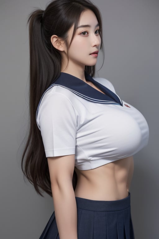 A stunning 13-year-old Korean school girl poses confidently in her uniform, showcasing her impressive physique. Her arms flex and bulge with enormous muscle mass, resembling a bodybuilder's, as she proudly displays her six-pack abs. The camera frames her from the side, highlighting the massive muscles of her arm, which appear ready to burst forth at any moment. Beautiful, korean, school_ uniform.