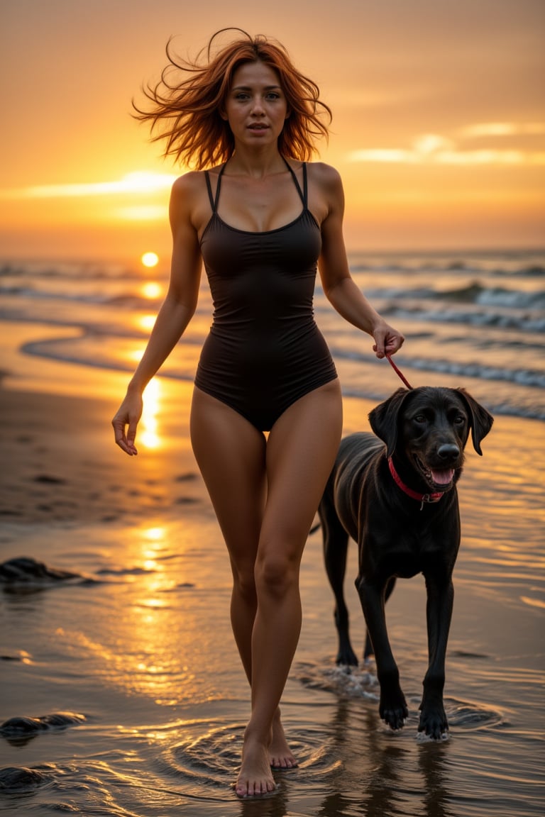 Lucía runs barefoot along the beach at sunset, wearing a tight black bikini with small red accents. Beside her, a black Labrador dog keeps pace, its shiny fur flowing with the wind. The ocean beside them reflects the last rays of the sun, as small waves reach the shore, splashing water droplets in their wake. The camera alternates between close-ups, where the sand is seen flying from their feet, and wider shots that capture the vastness of the beach bathed in the warm orange and pink hues of the sky. Every detail is captured with extreme precision, from the sparkle of the water to the freckles on Lucía's face.