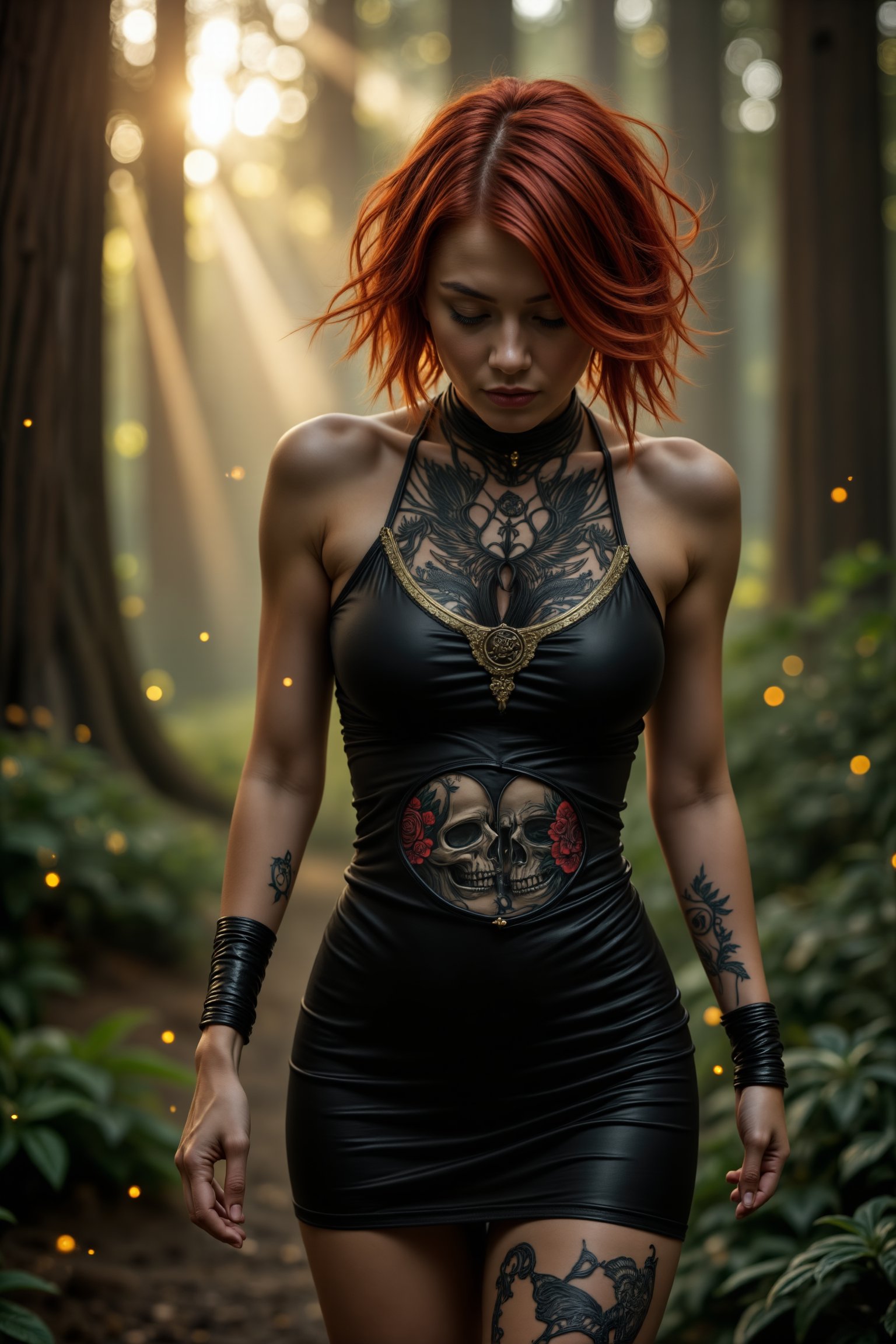 Lucía, a 28-year-old woman with bright, intense red hair in a slightly wavy bob cut, walks serenely through a mystical forest. She wears a tight black dress with shining gold details, revealing her tattoo on her abdomen: two realistic skulls symmetrically placed around her navel, surrounded by dark roses and stylized raven wings. Her outfit blends rock with magic, featuring leather bracelets adorned with glowing symbols. Around her, sunlight gently filters through the tall trees, casting golden glimmers in the air, while fireflies float, lighting up the scene. The atmosphere is filled with an aura of mystery and magic, with Lucía moving through the lush vegetation, as if something extraordinary is about to be revealed.