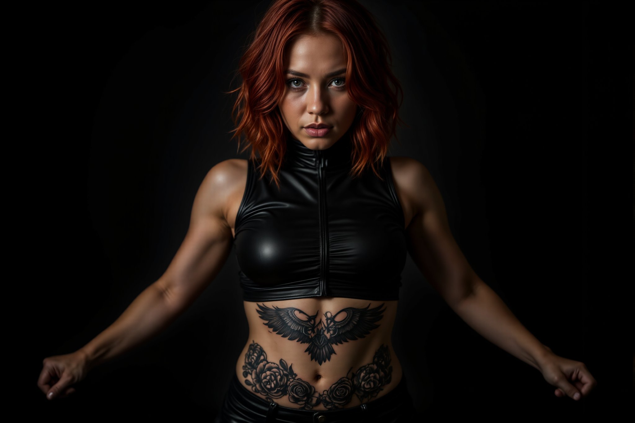 Lucía stands facing forward in a studio with dramatic high-contrast lighting. The harsh light comes from the left side, casting deep shadows that highlight the contours of her athletic figure. Lucía has a Blackwork tattoo on her abdomen, combining realistic skulls with stylized crow wings, shaded in gray, and ornamental roses in black ink. Her intense, slightly wavy red hair falls over her shoulders, while her fair skin, with light freckles on her nose, glows under the light. She wears a black leather crop top, exposing her tattoo with a confident and defiant pose. The background is simple and dark, drawing all attention to her figure and tattoo, showcasing her rock and metal style with elegance.