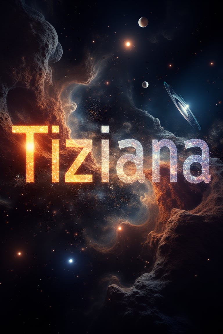 un texto en el centro que dice "Tiziana " texto fusionado  con el fondo en  letras corporeas en 3d y  perpespectivas luces y sombras detalles nitidos ultra realista 8k raw estilo cinematografico (imagen de fondo humo neblina estelar en el espacio exterior planetas asombrosos y grandes de fondo colores del universo estelas radiantes) 
camara profesional 8k, imagen hiper realista, detalles nitido, textura a detalle de piel, formato .raw,photorealistic,noc-space,detailed skin pore style