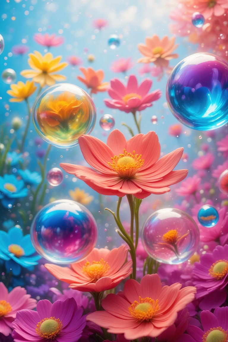 corporeal bubbles floating colorful flower backgrounds and corporeal 3D colorful bubbles swimming in the flowers