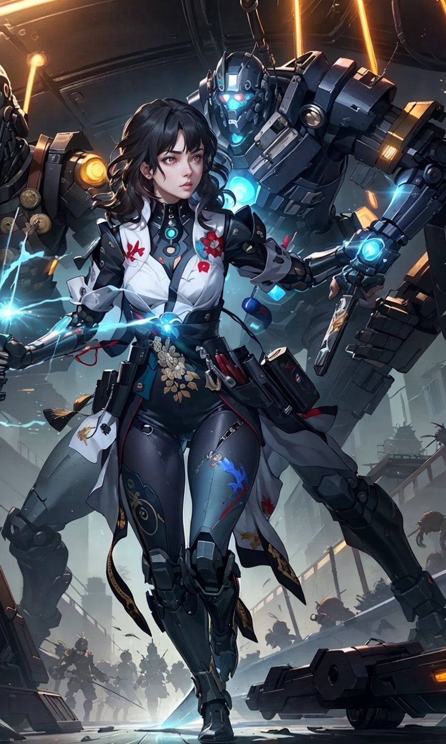 HSRstyle, 1girl with wavy hair, glowing eyes in Japanese mecha suit holding samurai sword, emphasizing curves and lighting, cinematic art, 4k resolution, combining samurai outfit with mecha, detailed digital painting, dynamic lighting by Greg Rutkowsky, futuristic cyberpunk background, masterpiece artwork