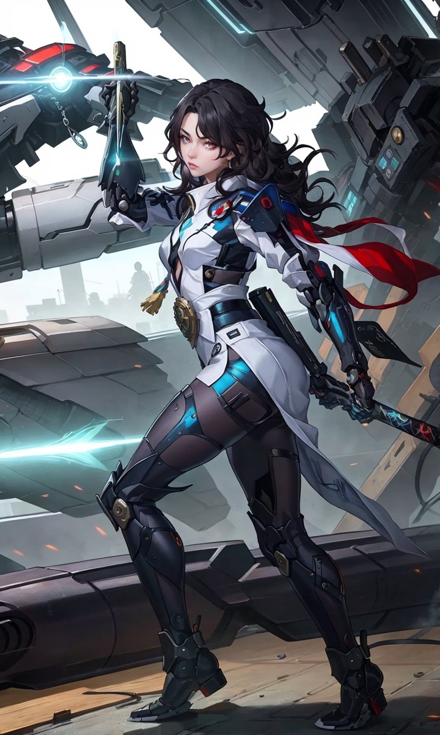 HSRstyle,1girl with wavy hair, glowing eyes in white mecha suit holding samurai sword and gun, emphasizing curves and lighting, cinematic art, 4k resolution, combining samurai outfit with mecha, detailed digital painting, dynamic lighting by Greg Rutkowsky, futuristic cyberpunk background, masterpiece artwork