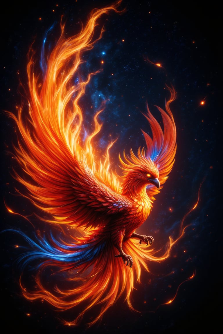 A stunning, vibrant phoenix soaring gracefully through the air with its wings fully spread. The phoenix's feathers are a brilliant mix of fiery oranges, reds, and yellows, glowing against a dark, starry night sky. Flames trail behind the bird, creating a dynamic, swirling pattern that fills the background with warmth and energy. The phoenix's eyes shine with an intense, otherworldly light, symbolizing rebirth and power. The overall design is vertical and optimized for a smartphone screen, with intricate details and vivid colors to make the image pop.
