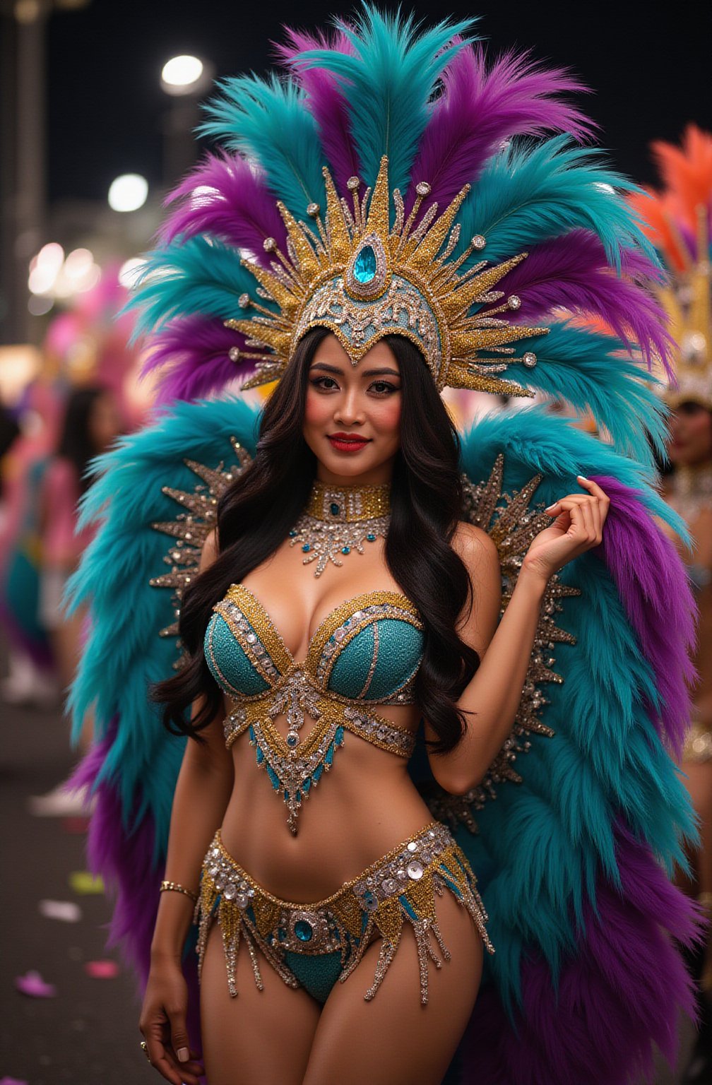 culo perfecto full body primer plano pechos grandes perfectos A stunning woman latin 18 age dressed in an elaborate, colorful carnival costume, en su mano un papel que dice "Carnaval Oran"
standing confidently as part of a vibrant parade. Her outfit is adorned with large, flowing feathers in shades of turquoise, purple, and gold, and intricate beadwork that glimmers under the lights. She wears a dazzling headdress that crowns her with even more feathers and jewels. The woman's expression is one of joy and pride, capturing the festive spirit of the carnival. Behind her, other dancers and musicians can be seen, but she stands out as the focal point, with a background of sparkling lights and confetti. The design is vertical, perfect for a smartphone screen, highlighting the details of her costume and the energy of the celebration.
PHOTO REALISTC. 32K RAW. (((sostiene en su mano un cartel de tela que dice "ORAN" SAYA)))
