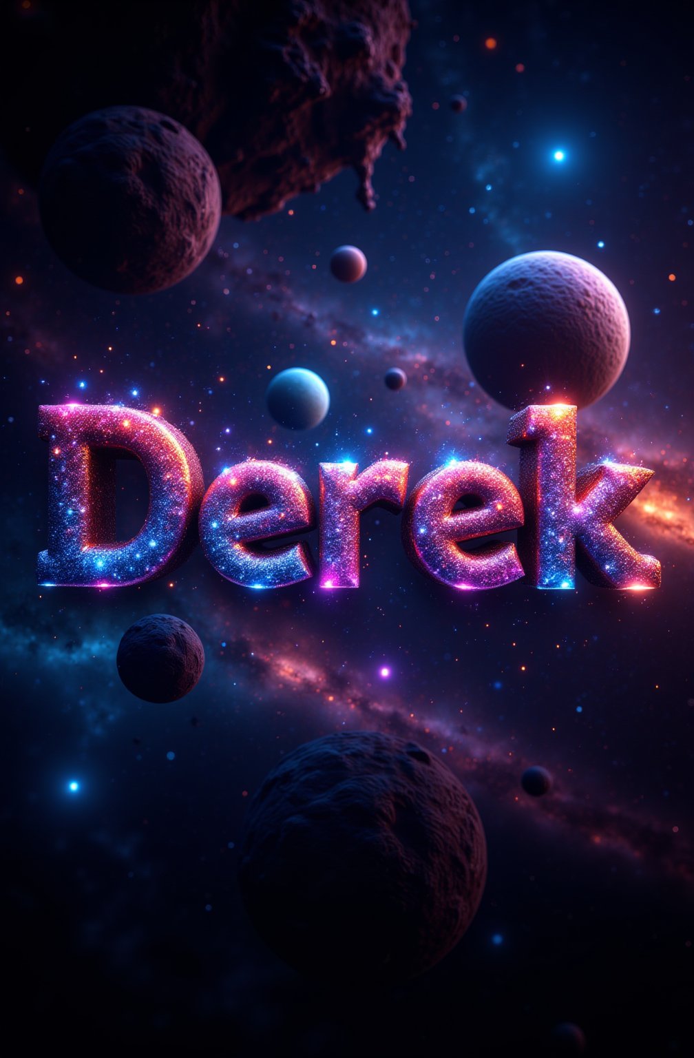 genera un texto que dice "Derek" texto rodeado de planetas y por estellas cosmicasde  colores vibrantes vividos con el fondo en  letras corporeas en 3d y  perpespectivas luces y sombras detalles nitidos ultra realista 8k raw estilo cinematografico (imagen de fondo humo neblina estelar en el espacio exterior planetas asombrosos y grandes de fondo colores del universo estelas radiantes) 
camara profesional 8k, imagen hiper realista, detalles nitido, textura a detalle de piel, formato .raw,photorealistic,noc-space,detailed skin pore style