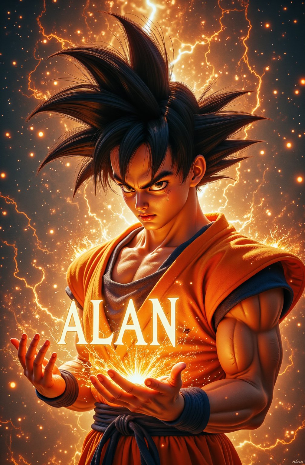 foto ultra realista de goku Super Saiyan 3 Three sostiene en su mano un texto que dice "ALAN" suspendido entre sus manos de fondo energia estelar cosmica rayos y centellas, electrico amarillo, goku fase 3, 32k raw
camara profesional 8k, imagen hiper realista, detalles nitido, textura a detalle de piel, formato .raw,photorealistic
PHOTO REALISTC. 32K RAW. 
