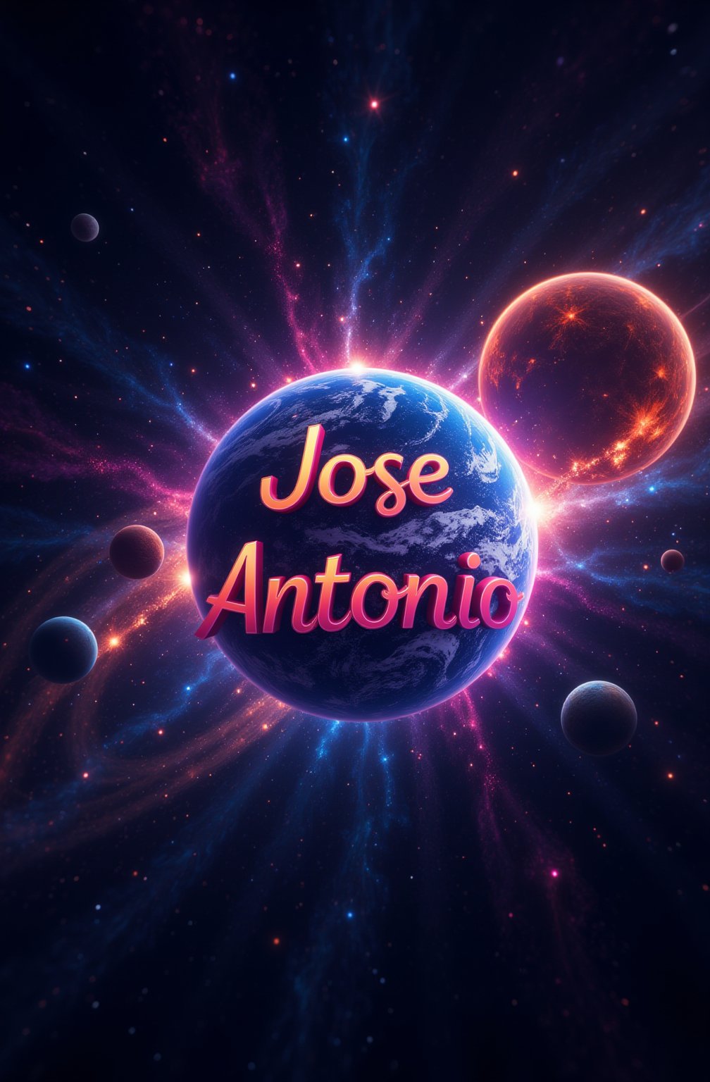 genera un texto que dice "Jose Antonio" texto rodeado de planetas y por estellas cosmicasde  colores vibrantes vividos con el fondo en  letras corporeas en 3d y  perpespectivas luces y sombras detalles nitidos ultra realista 8k raw estilo cinematografico (imagen de fondo humo neblina estelar en el espacio exterior planetas asombrosos y grandes de fondo colores del universo estelas radiantes) 
camara profesional 8k, imagen hiper realista, detalles nitido, textura a detalle de piel, formato .raw,photorealistic,noc-space,detailed skin pore style