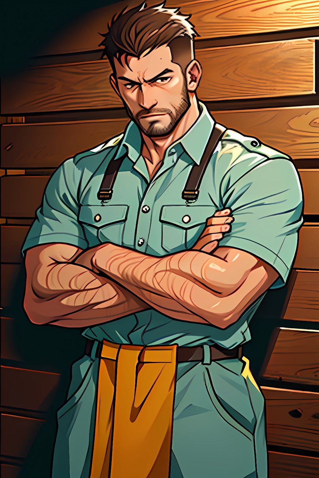 A cropped close-up of the muscular chest of a man wearing a well-fitted ((brown camp supervisor uniform)). His broad shoulders and defined pectoral muscles are clearly visible beneath the uniform's crisp fabric. His crossed arms, one resting on top of the other, reveal the defined biceps and triceps beneath his rolled-up sleeves. His head is purposefully out of the frame, leaving the viewer to imagine his stern expression and sharp features. The man is standing in front of a wooden plank wall, the grain of the wood showing through a light coat of varnish, adding texture to the background. The room is well-lit, casting a warm glow over the man's bronzed skin and emphasizing the contrast between his uniform and the rustic wooden wall. The overall image conveys a sense of authority and strength, with the cropped composition focusing on the man's powerful physique and his unyielding demeanor, masterpiece, 4k, best quality