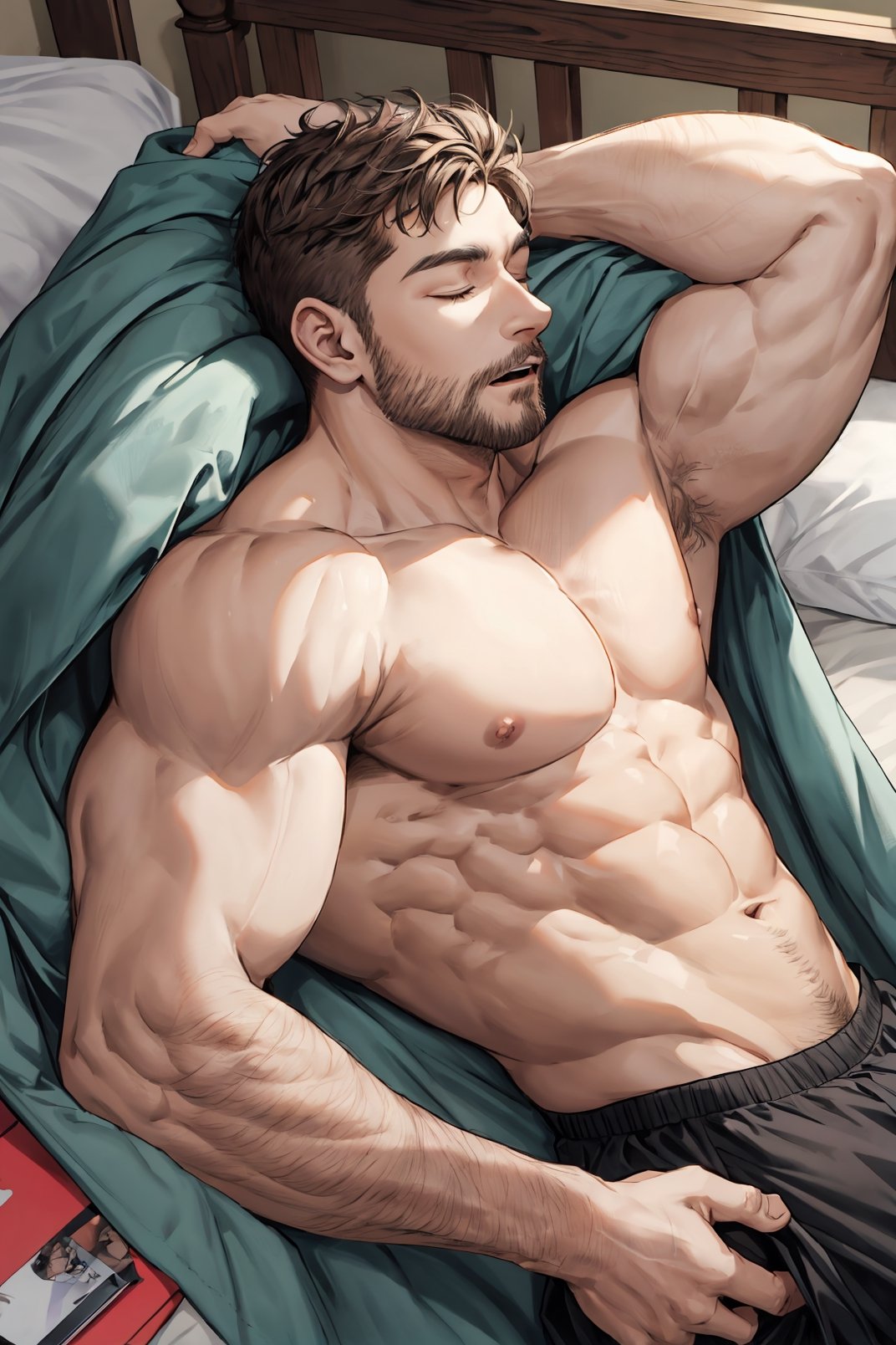 1man, male, male focus, bara, muscular male, light brown skin, thin facial hair, handsome, brown eyes, short hair, black hair, sleeping, eyes closed, slighly open mouth, shirtless, big bulge, blanket covering bulge, arms behind head, laying in bed, side view, side profile, masterpiece, highres, portrait, highly detailed, head to waist crop, 8k, bedroom