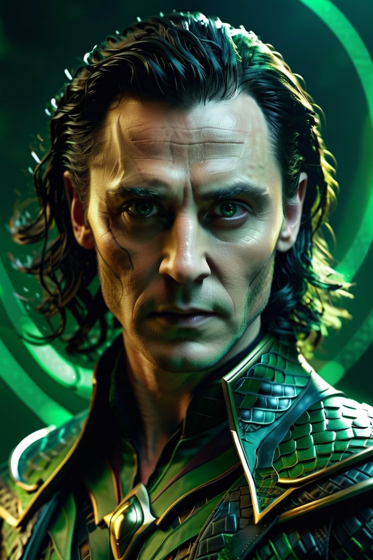 Loki looking straight ahead in the most terrifying way, shadows and snakes around, portrait style, green eyes, green haze, realistic, 4k, 3d, details, shadows, cinematic moviemaker style,DonMN1gh7D3m0nXL